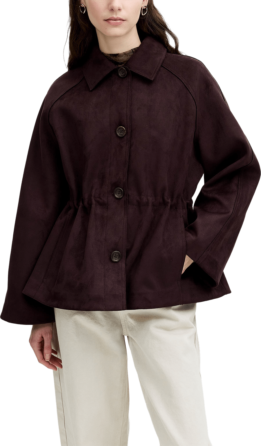 Laney Faux Suede Cinched Waist Short Coat, från French Connection, i färgen Mocha Brown.