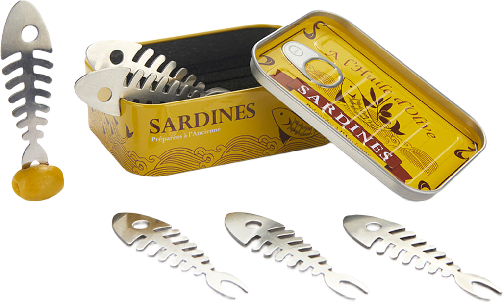 Tilltuggsgafflar Sardiner, set om 6 i plåtask, från BALVI, i färgen Yellow.