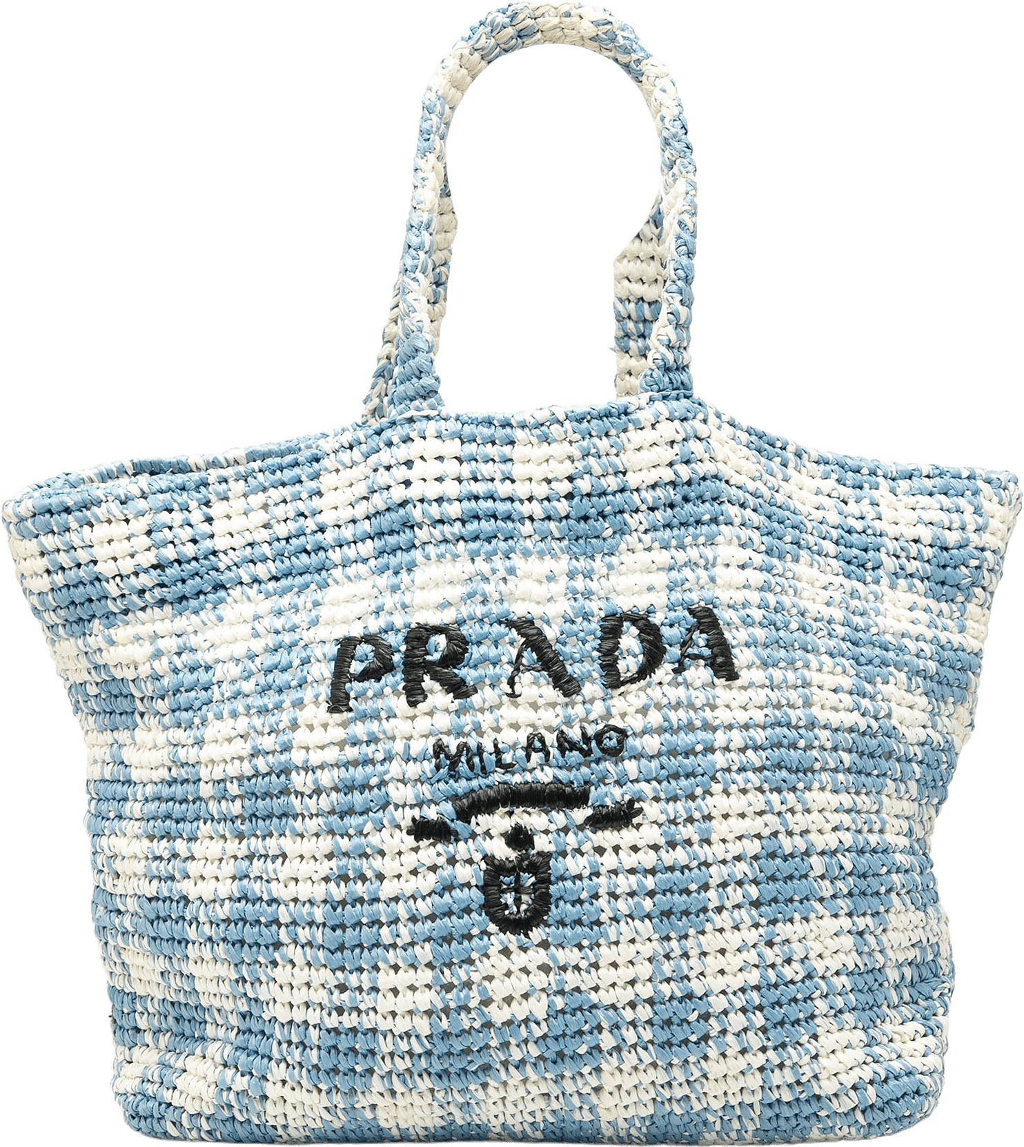 Prada Large Raffia Effect Crochet Embroidered Logo Tote, från Luxclusif, i färgen light blue.
