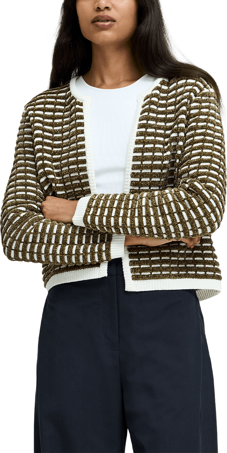 Noar Textured Knit Green Cardigan, från French Connection, i färgen Khaki Grn/Porc Crm.