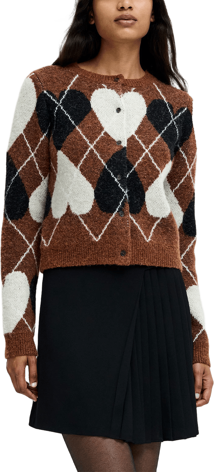 Kezia Heart Argyle Brown Button-Through Cardigan, från French Connection, i färgen Toff Brwn Multi.