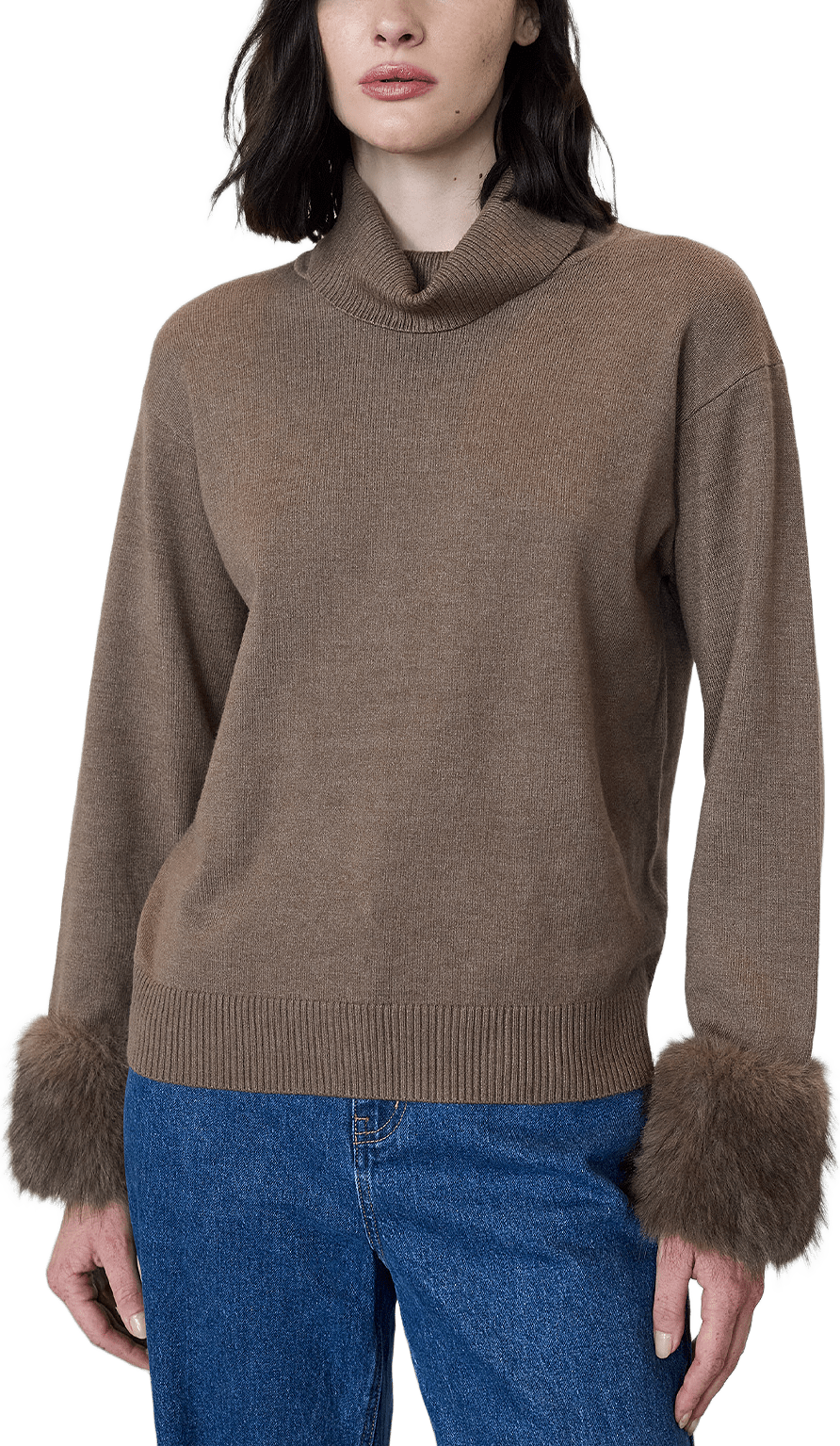 Moana Fur Trim Sleeve Jumper, från French Connection, i färgen Mink Brown.