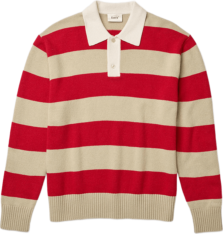 Frost Stripe Knit Polo, från Forét, i färgen Red Stripe.