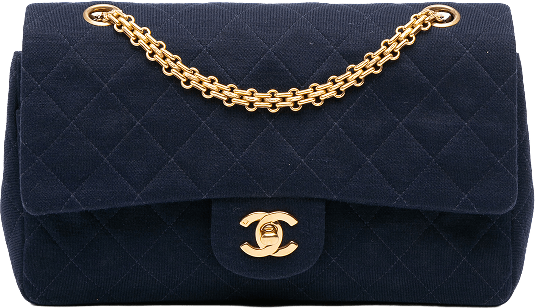 Chanel Medium Classic Jersey Double Flap, från Luxclusif, i färgen dark blue.