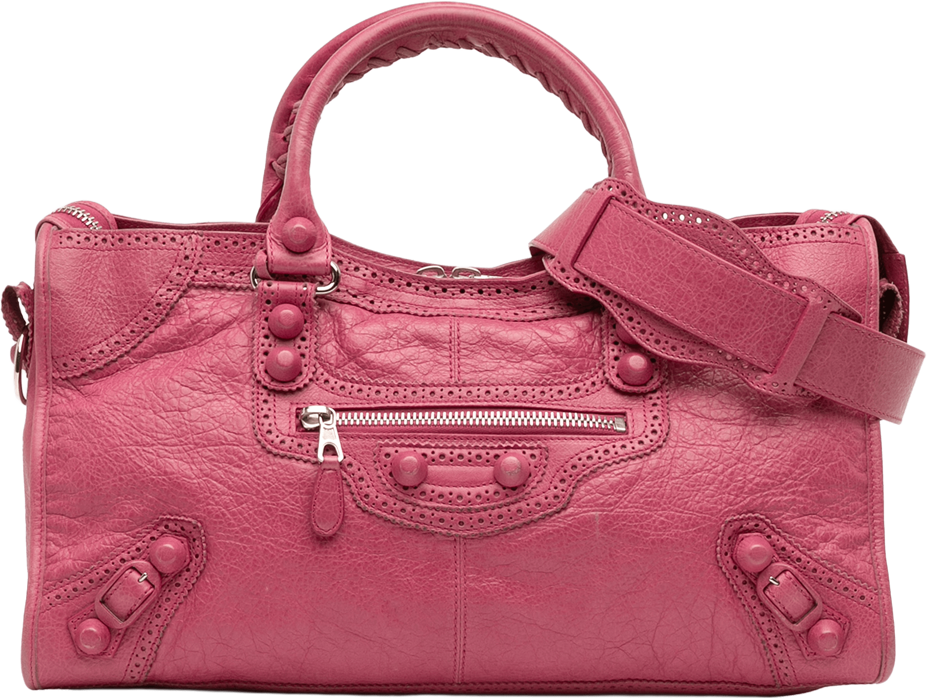 Balenciaga Lambskin Motocross Giant Brogues Part Time Satchel, från Luxclusif, i färgen pink.