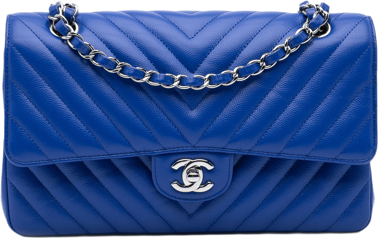 Chanel Medium Classic Chevron Caviar Double Flap, från Luxclusif, i färgen blue.