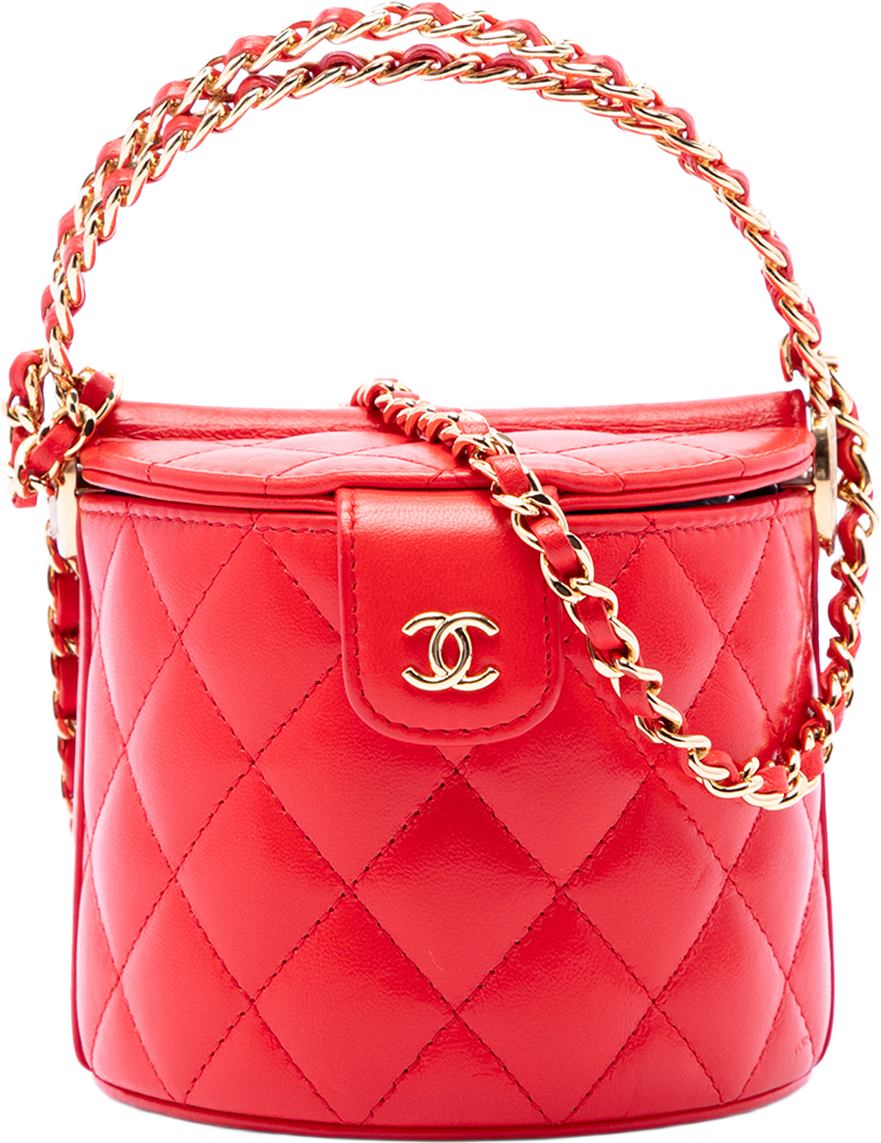 Chanel Cc Quilted Lambskin Top Handle Round Vanity Case With Chain, från Luxclusif, i färgen röd.