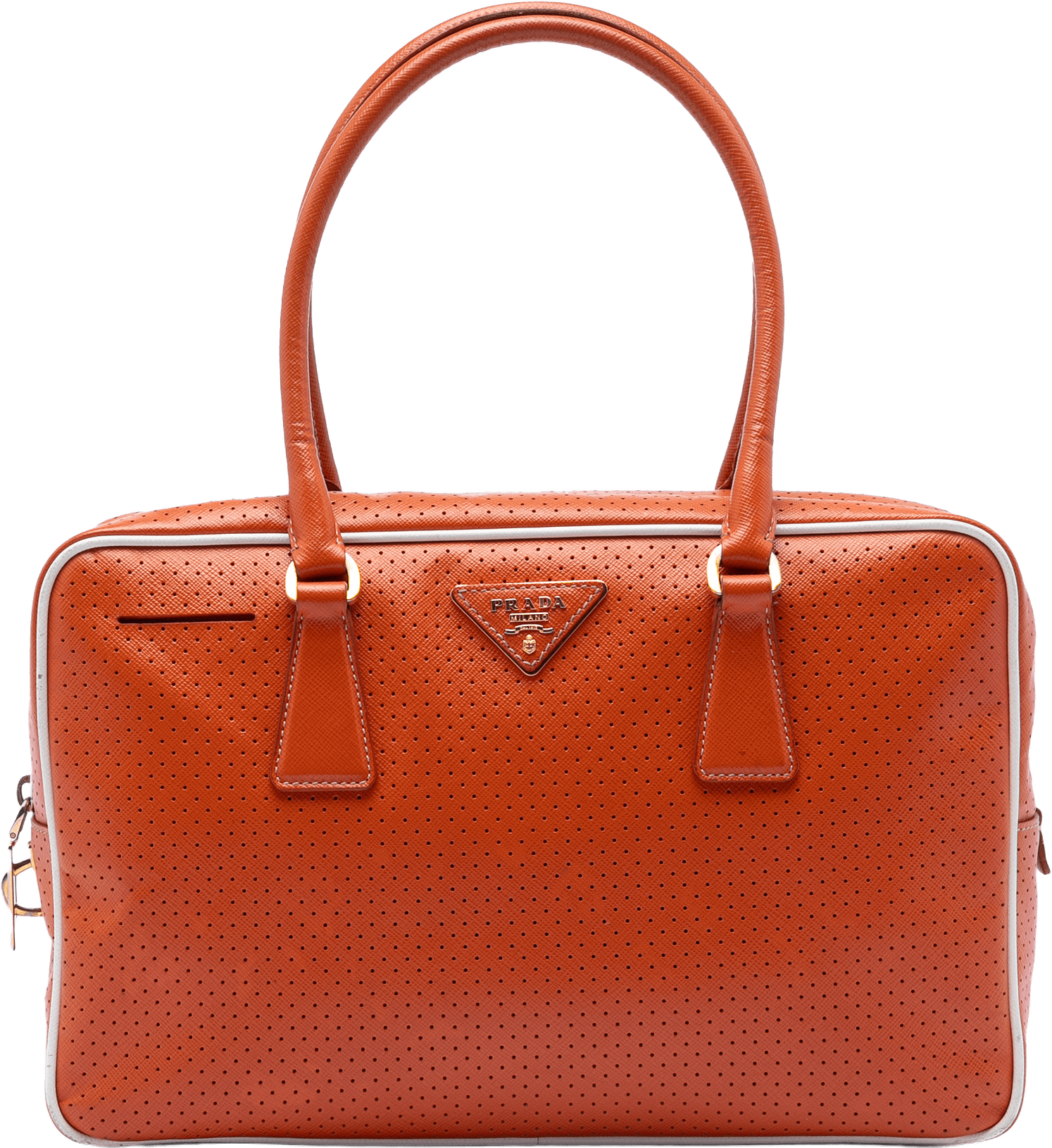 Prada Perforated Vitello Drive Leather Bauletto Top Handle Bag, från Luxclusif, i färgen dark orange.