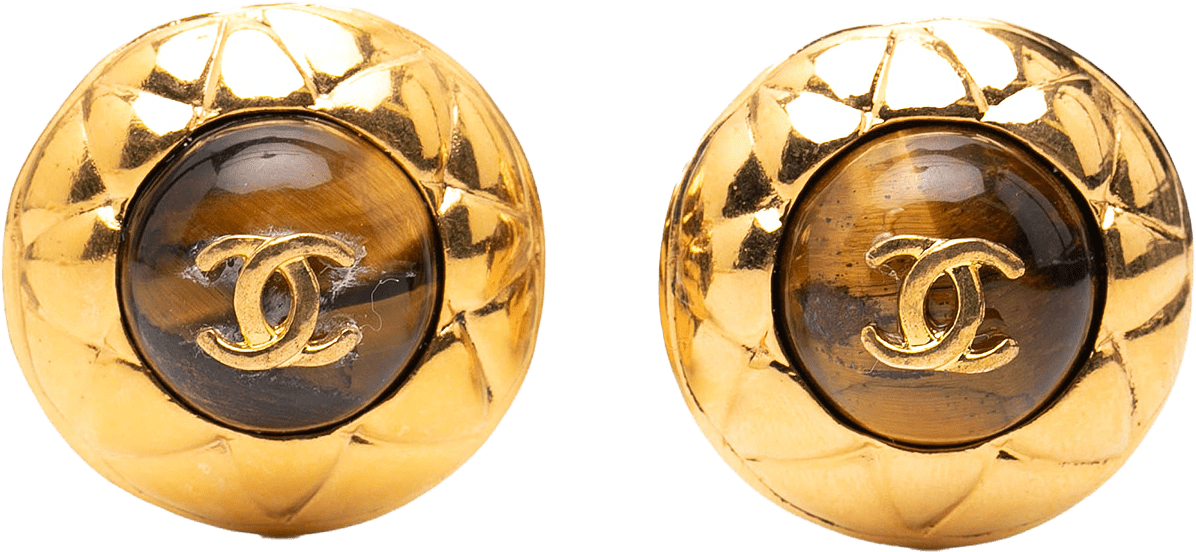 Chanel Gold Plated Cc And Resin Tigers Eye Dome Round Clip On Earrings, från Luxclusif, i färgen gold.