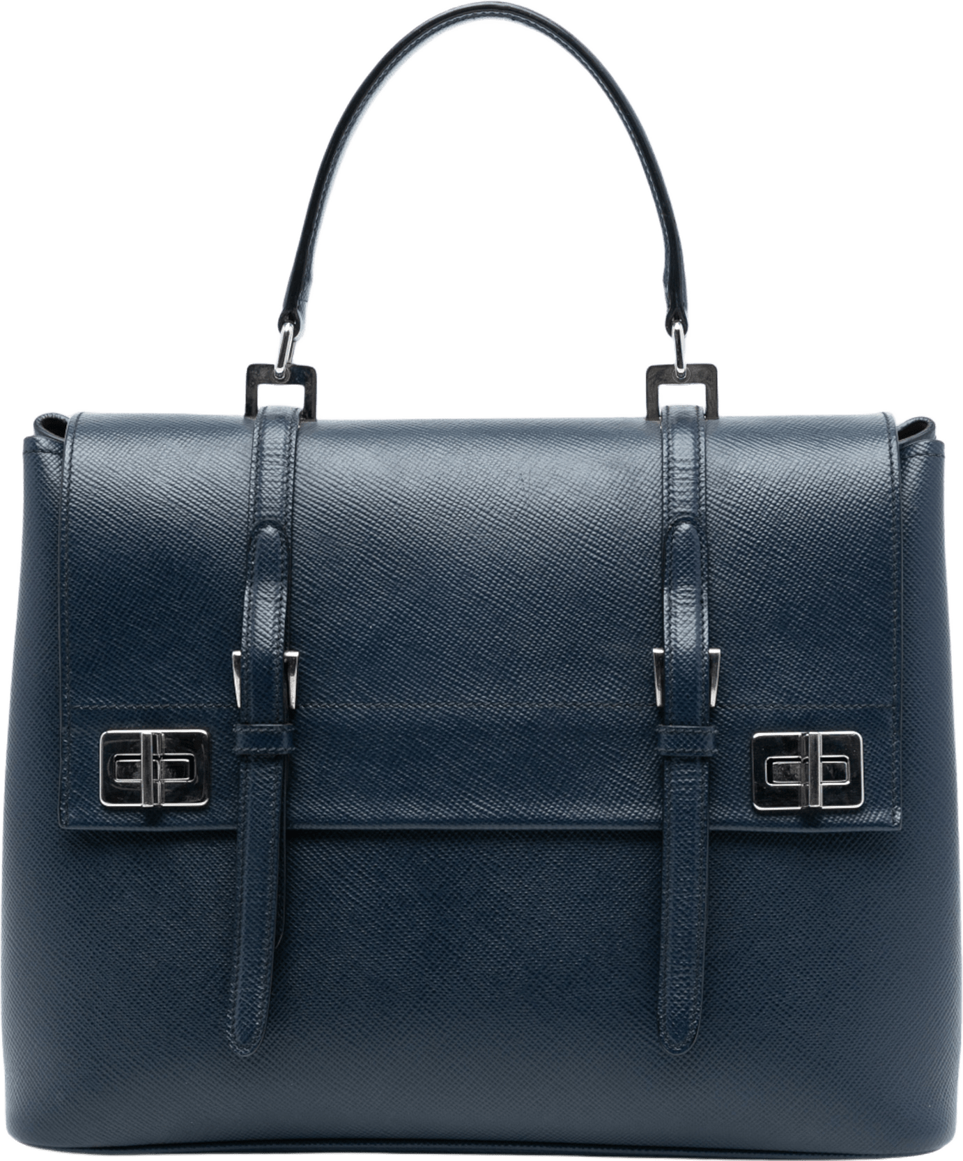 Prada Saffiano Cuir Double Turnlock Satchel, från Luxclusif, i färgen navy.