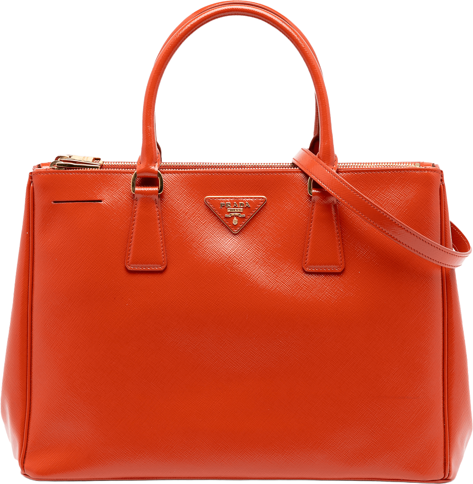 Prada Medium Saffiano Vernice Galleria Double Zip Satchel, från Luxclusif, i färgen dark orange.