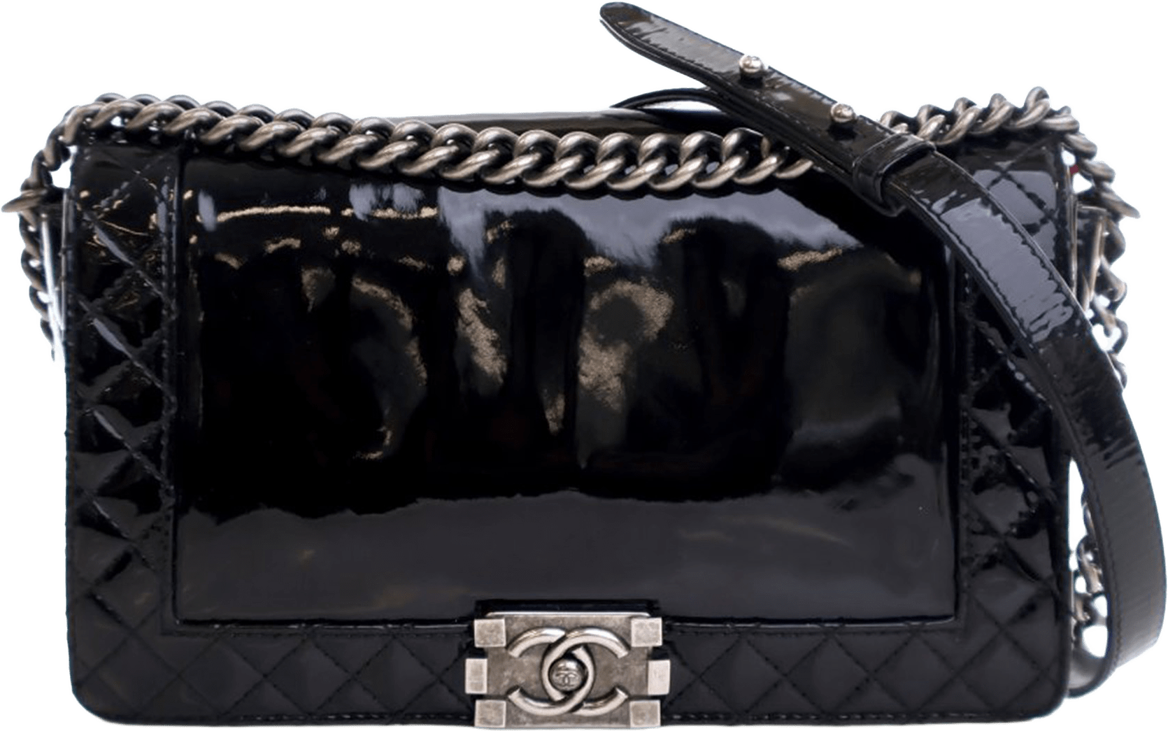 Chanel Medium Patent Boy Reverso Flap, från Luxclusif, i färgen black.