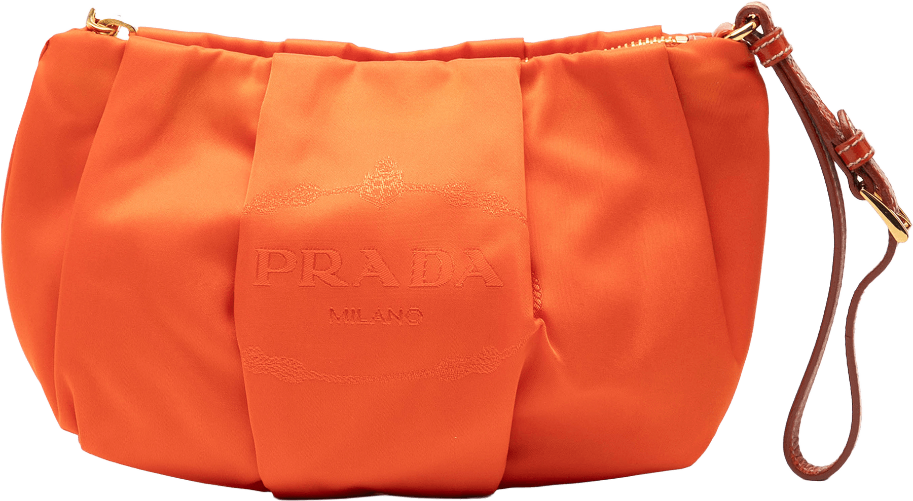 Prada Tessuto Canapa Logo Wristlet Clutch, från Luxclusif, i färgen orange.