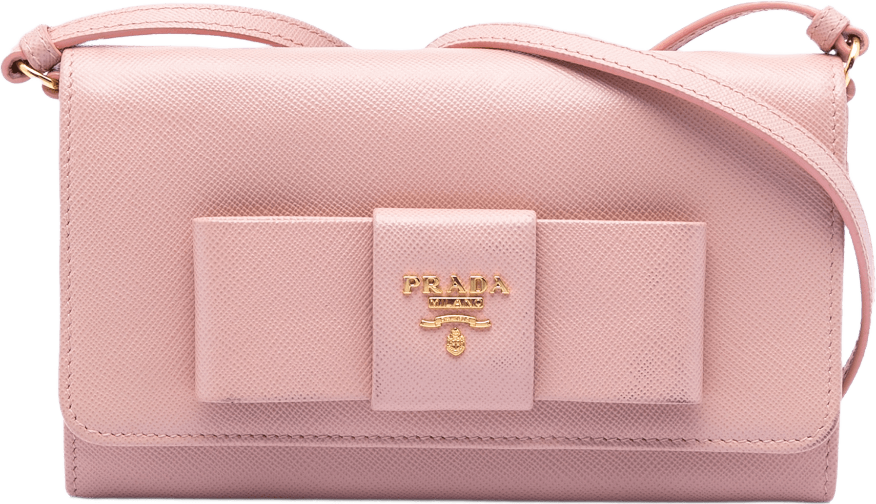 Prada Saffiano Lux Bow Wallet On Strap, från Luxclusif, i färgen light pink.