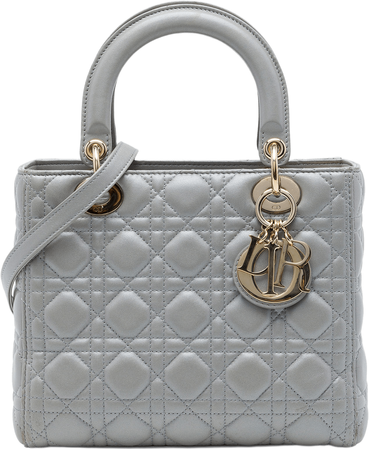 Dior Medium Pearlescent Lambskin Cannage Lady Dior, från Luxclusif, i färgen grå.