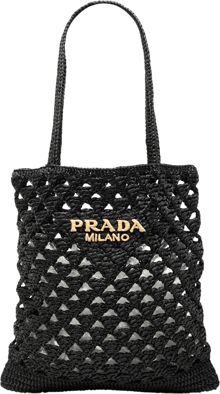 Prada Raffia Effect Crochet Logo Embroidered Tote, från Luxclusif, i färgen black.