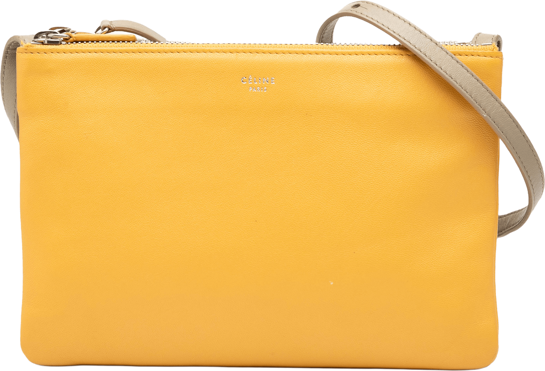Celine Large Tricolor Lambskin Trio Crossbody, från Luxclusif, i färgen mustard.
