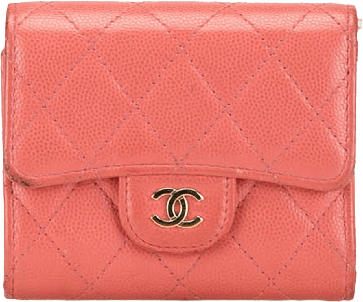 Chanel Cc Quilted Caviar Trifold Wallet, från Luxclusif, i färgen salmon.