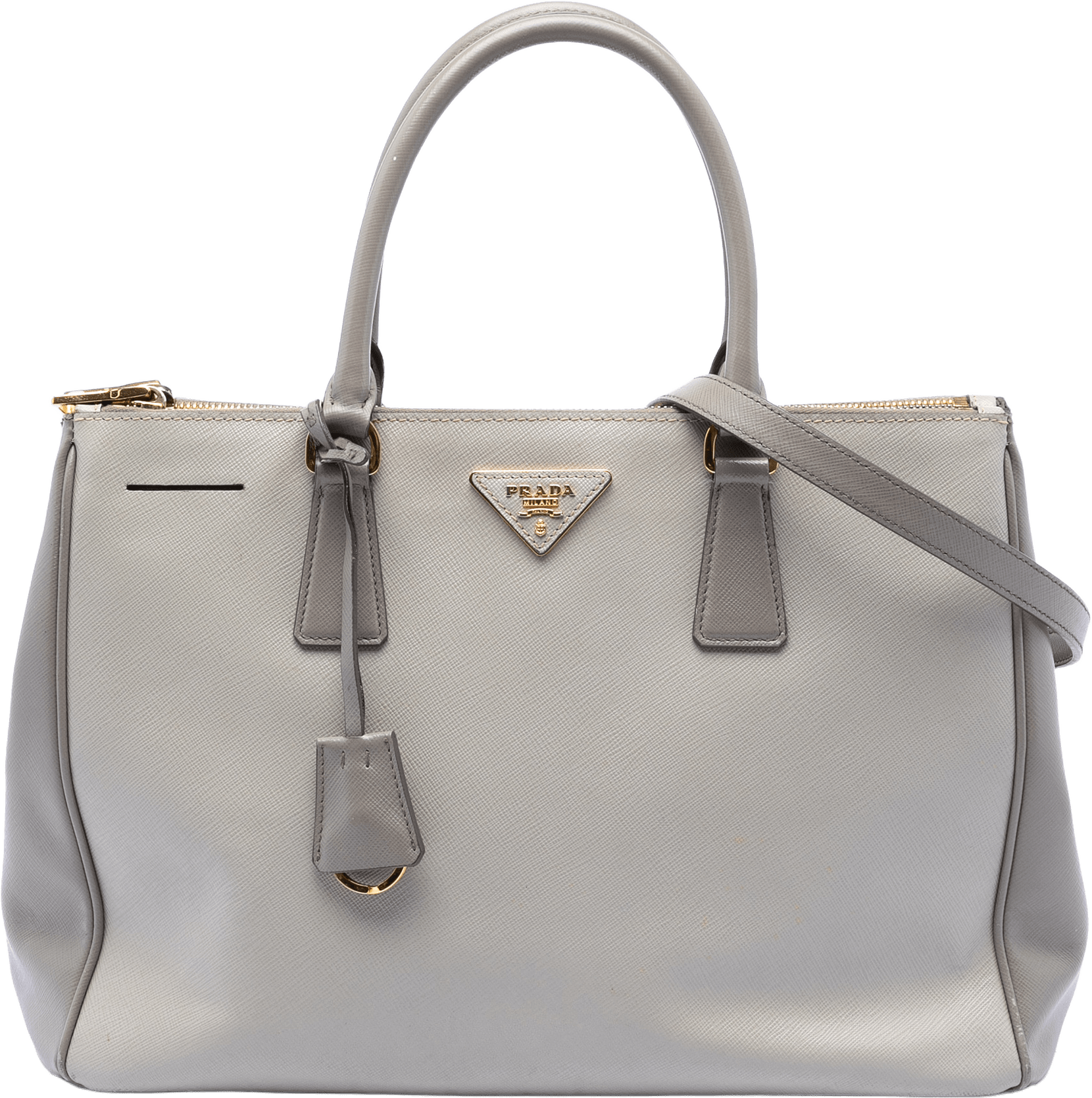 Prada Medium Bicolor Saffiano Lux Galleria Double Zip Satchel, från Luxclusif, i färgen light gray.