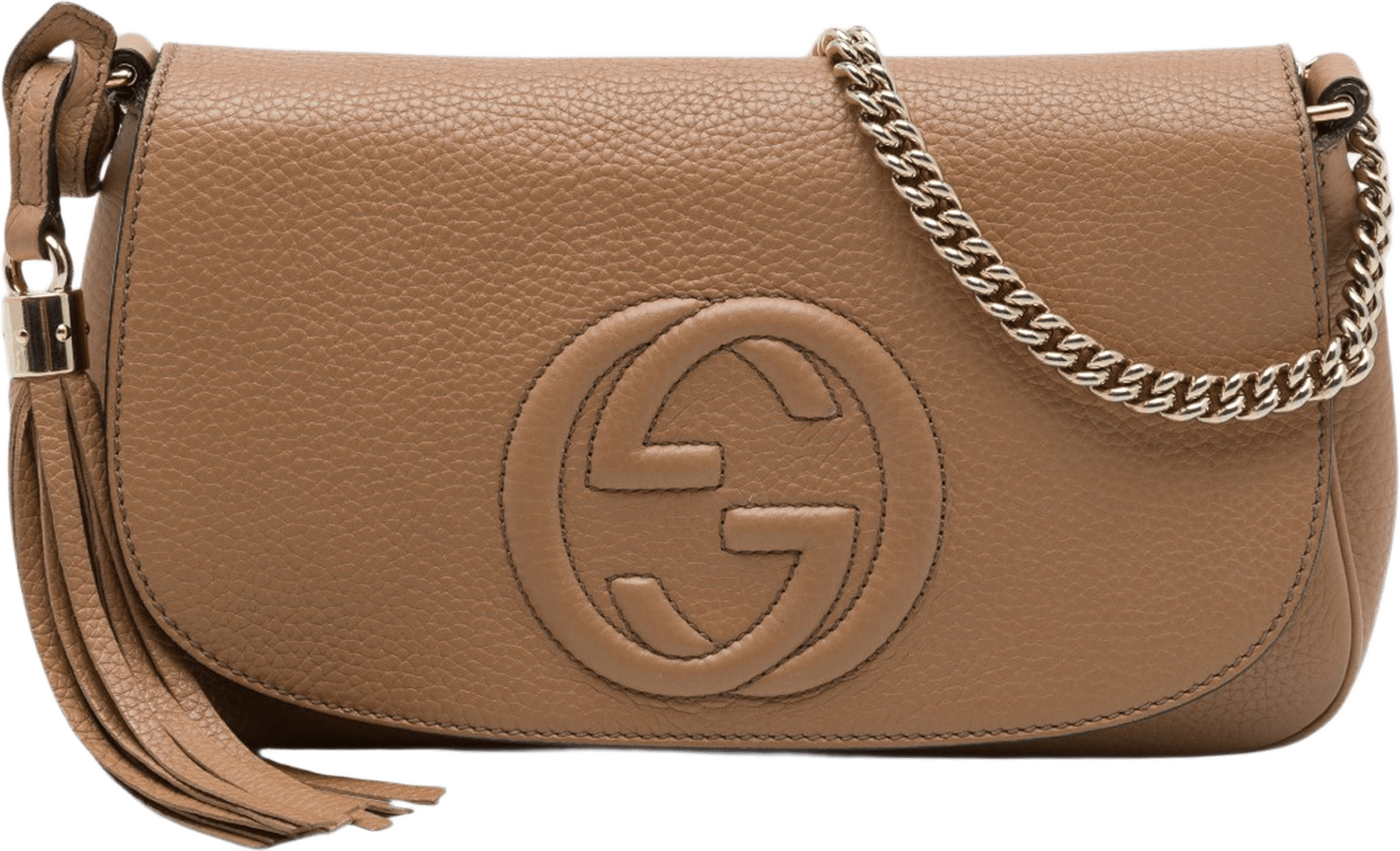 Gucci Medium Calfskin Soho Chain Flap Crossbody, från Luxclusif, i färgen brun.