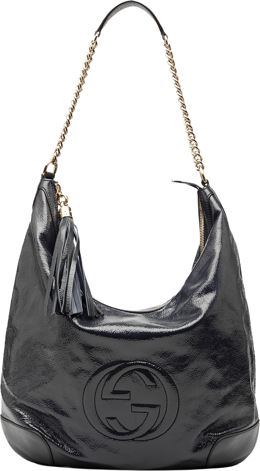 Gucci Patent Soho Shoulder Bag, från Luxclusif, i färgen navy.