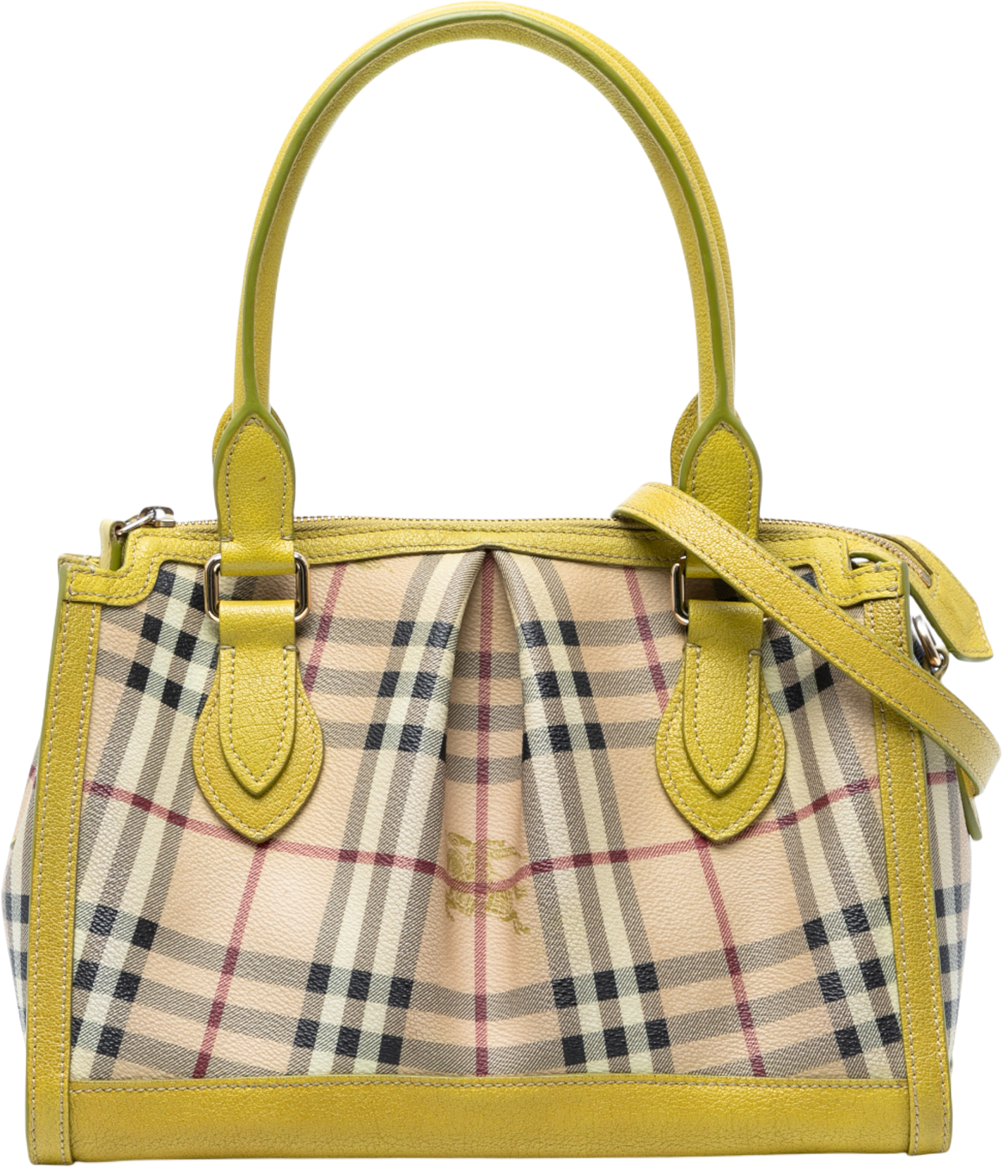 Burberry Haymarket Check Coated Canvas Pilgrim  Satchel, från Luxclusif, i färgen beige.