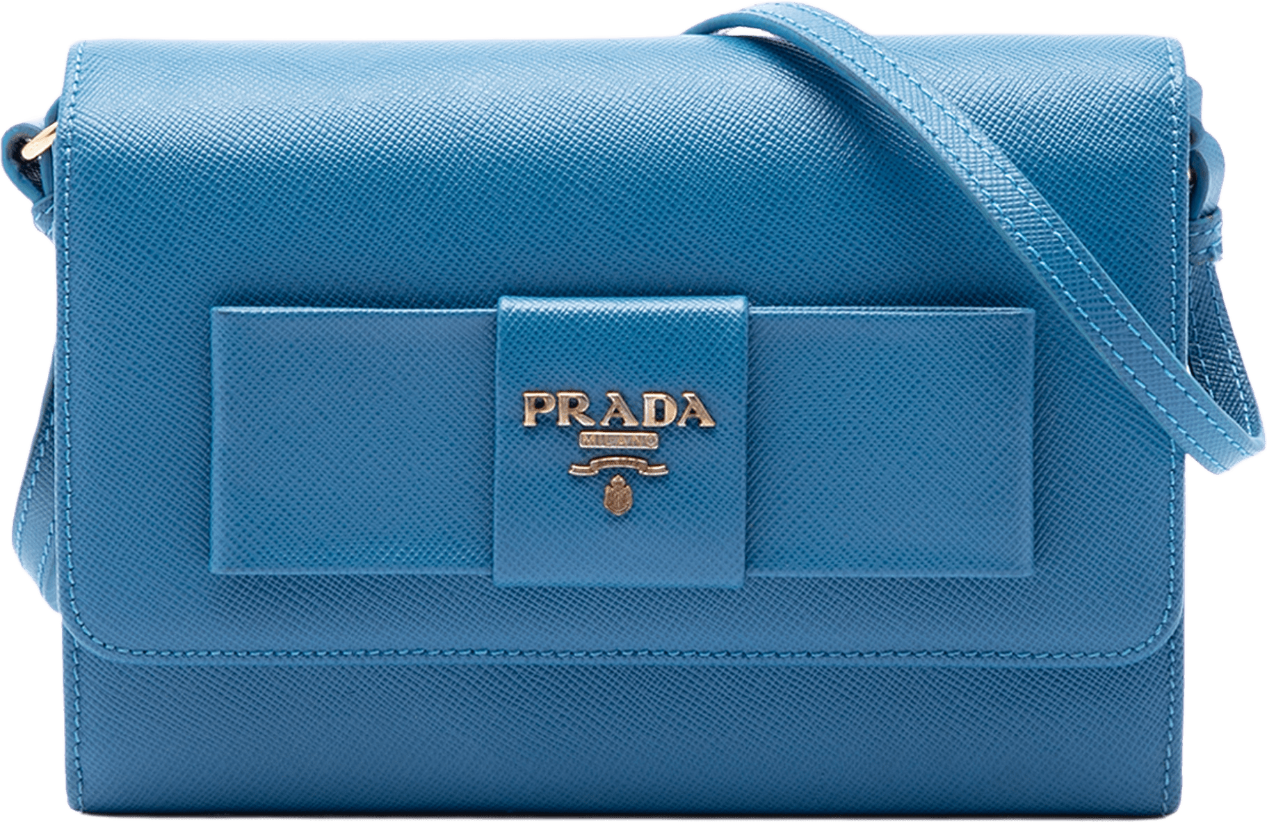 Prada Saffiano Lux Bow Wallet On Strap, från Luxclusif, i färgen blue.