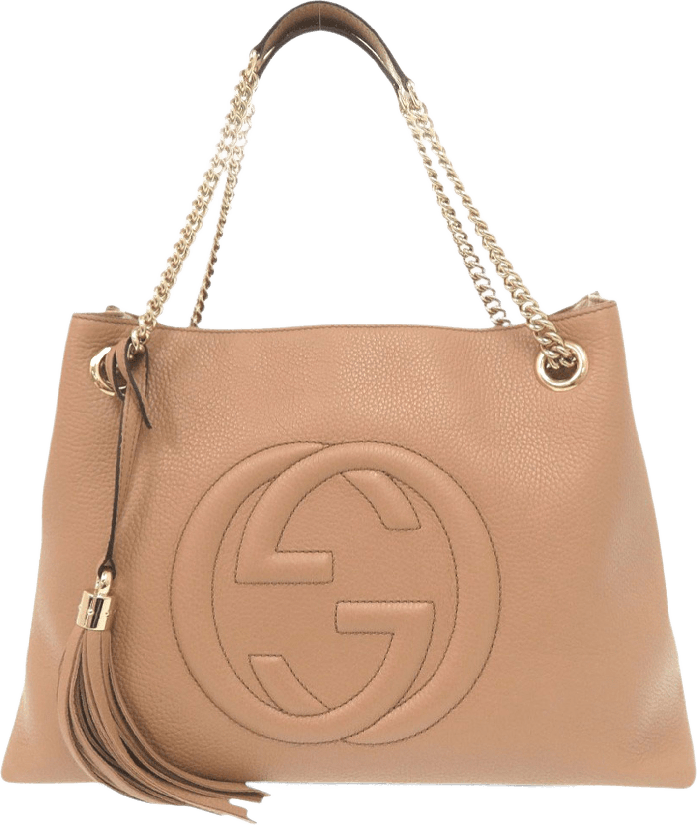 Gucci Medium Calfskin Soho Chain Tote, från Luxclusif, i färgen beige.