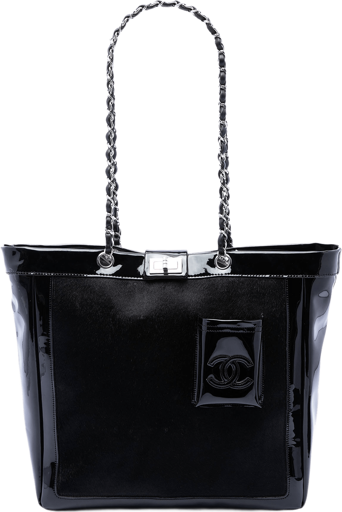 Chanel Pony Hair And Patent Mademoiselle Turnlock Tote, från Luxclusif, i färgen svart.