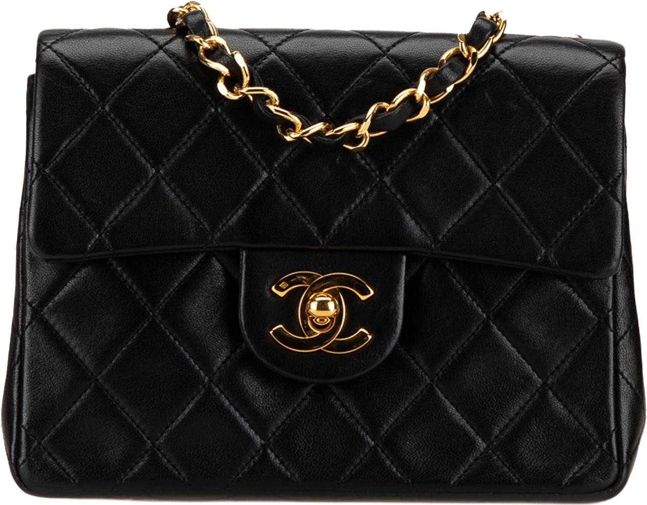 Chanel Small Square Quilted Lambskin Flap, från Luxclusif, i färgen black.