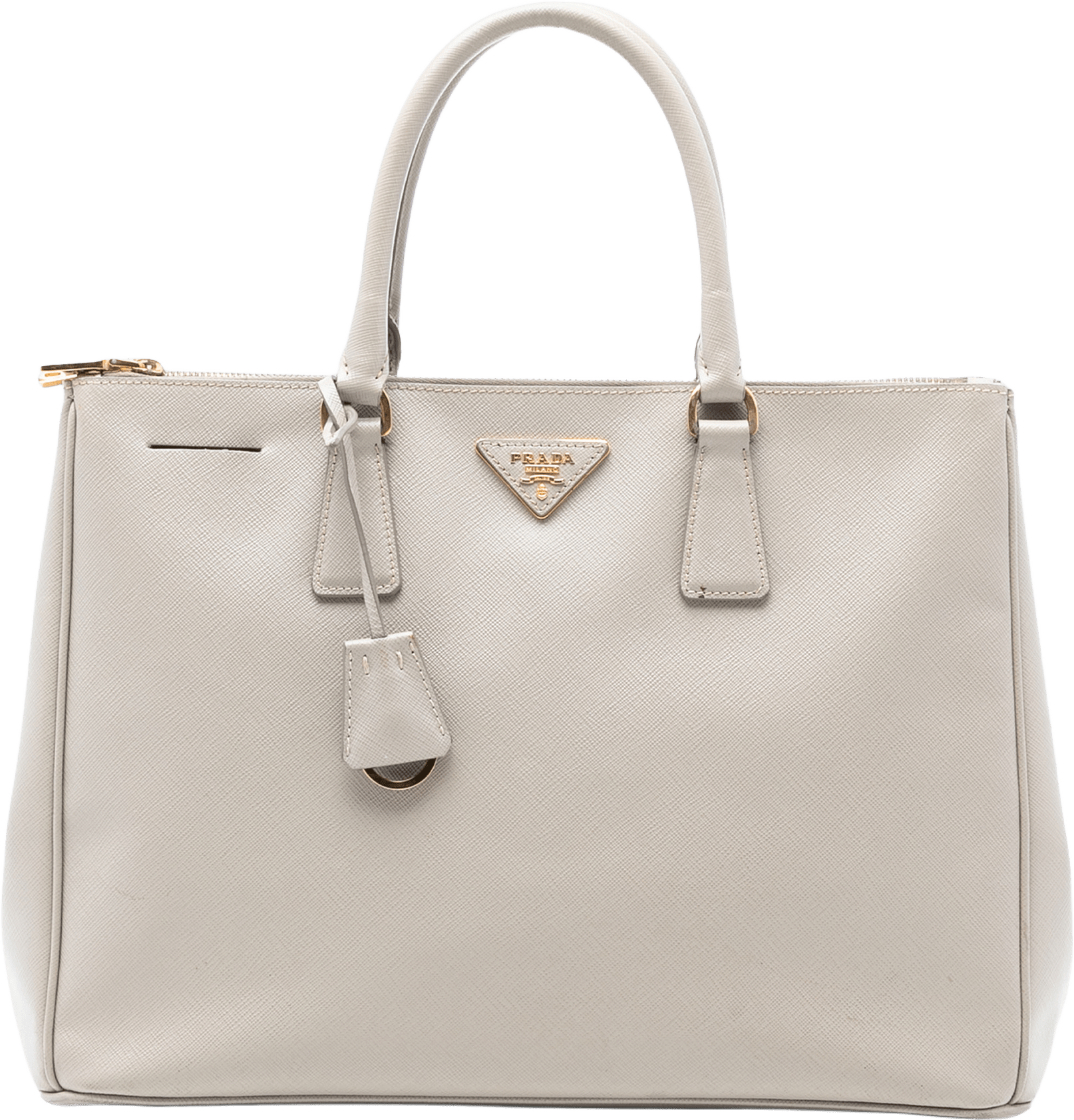 Prada Large Saffiano Lux Galleria Double Zip Tote, från Luxclusif, i färgen light gray.