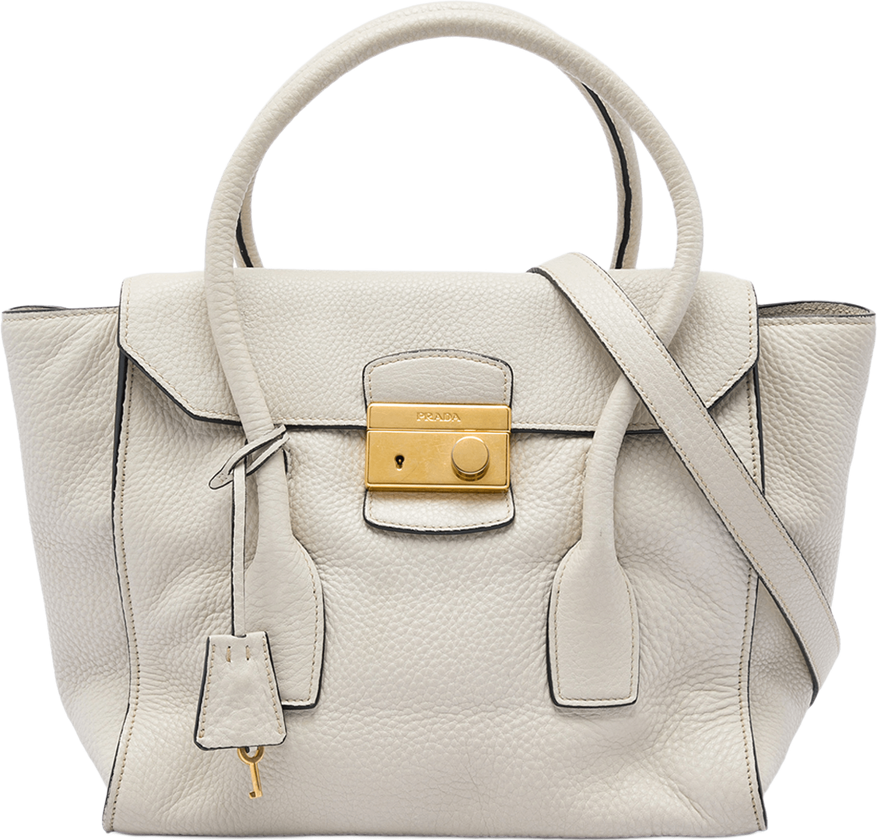 Prada Vitello Daino Sound Lock Satchel, från Luxclusif, i färgen vit.