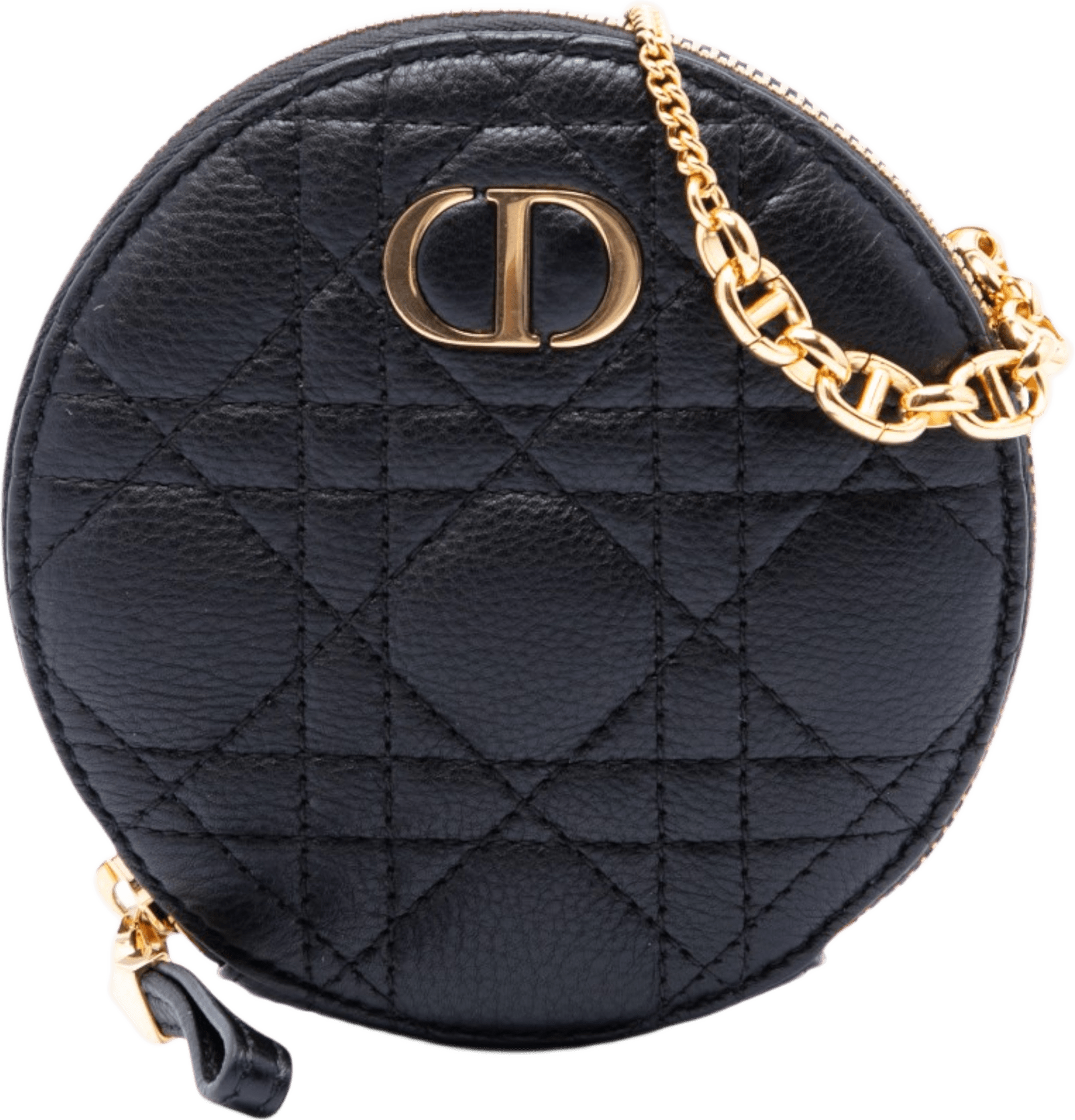 Dior Calfskin Cannage Round Caro Pouch With Chain, från Luxclusif, i färgen svart.
