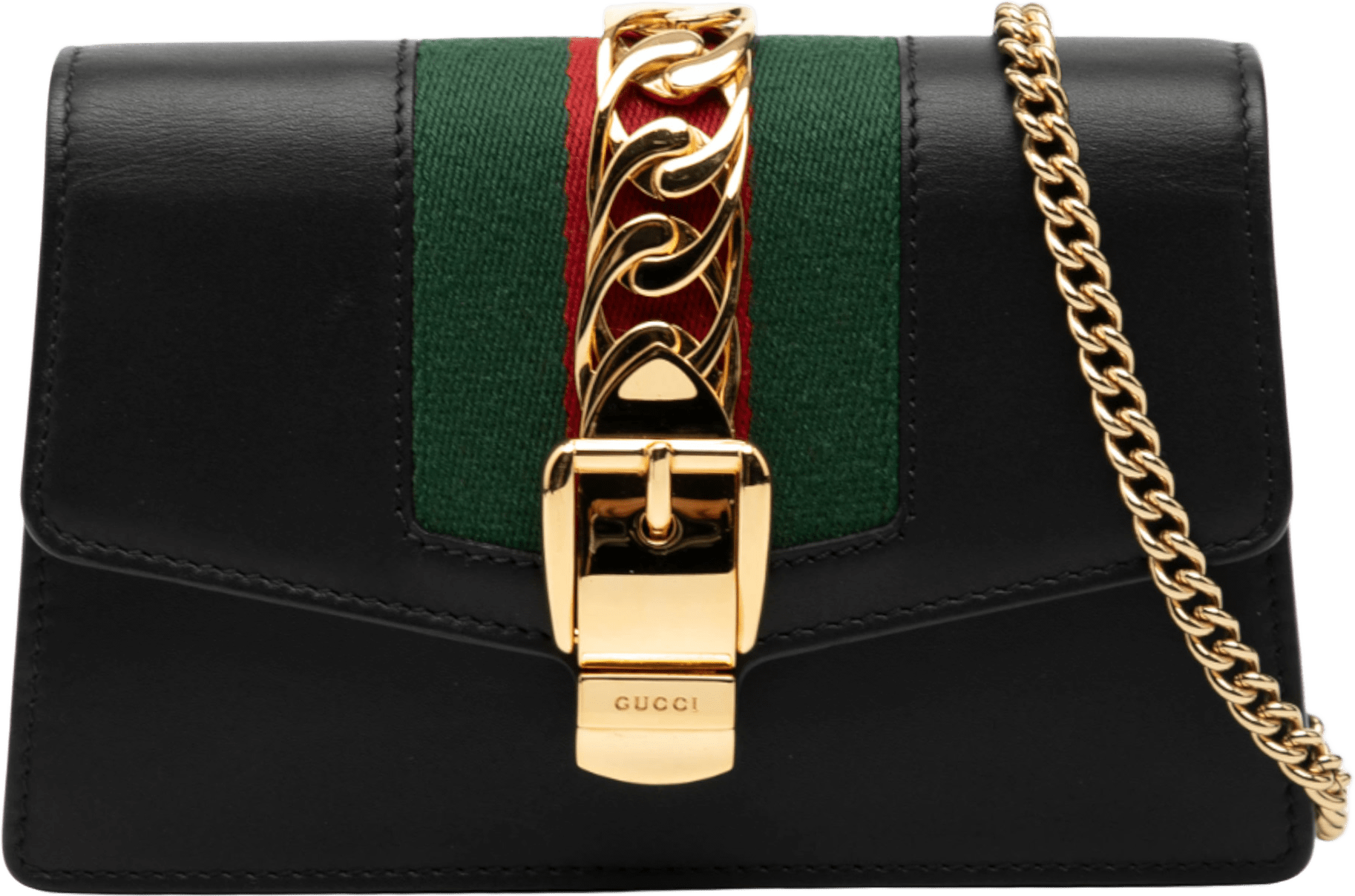 Gucci Super Mini Leather Sylvie Chain Crossbody, från Luxclusif, i färgen black.