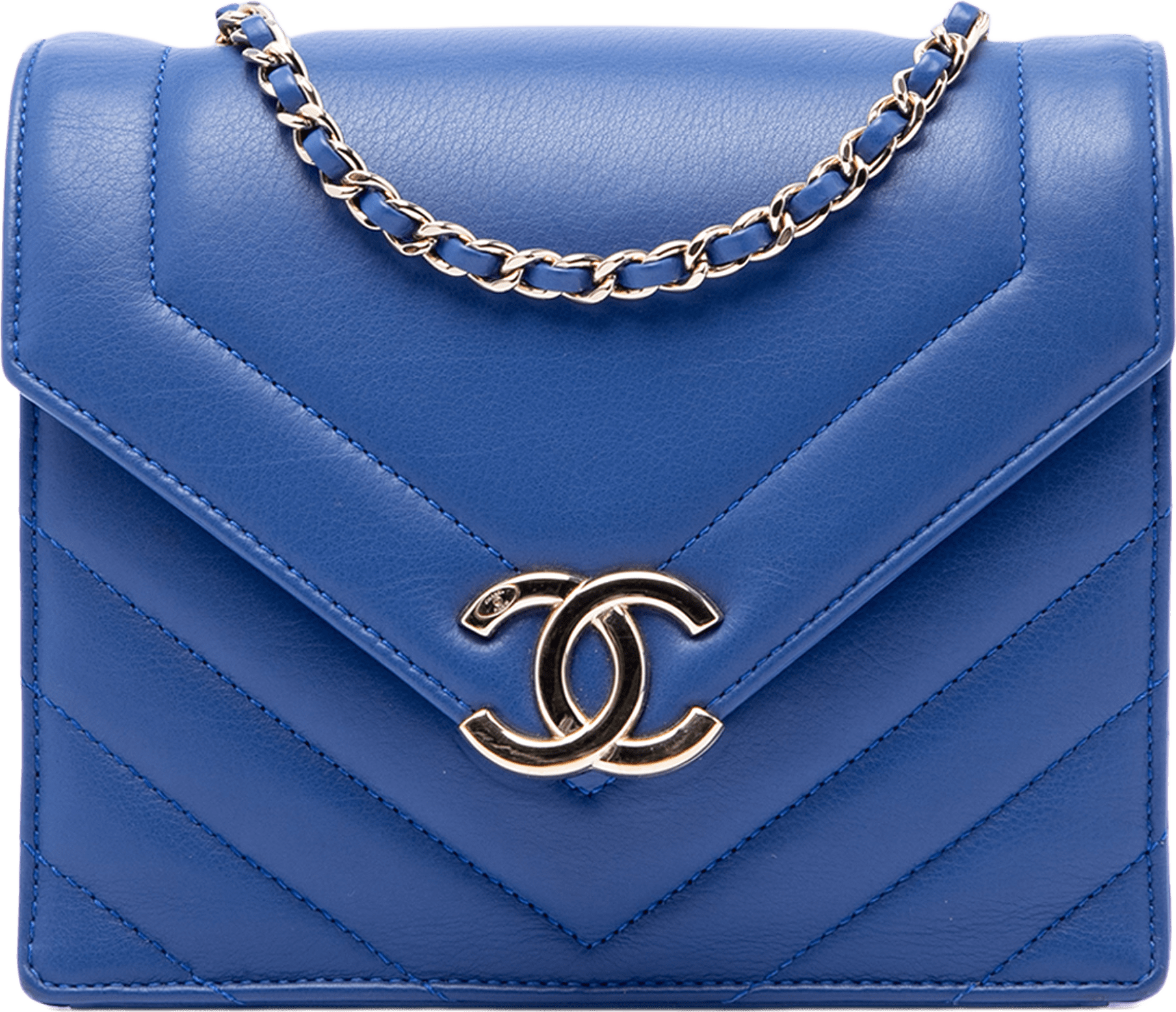 Chanel Small Cc Chevron Calfskin Envelope Flap, från Luxclusif, i färgen blå.