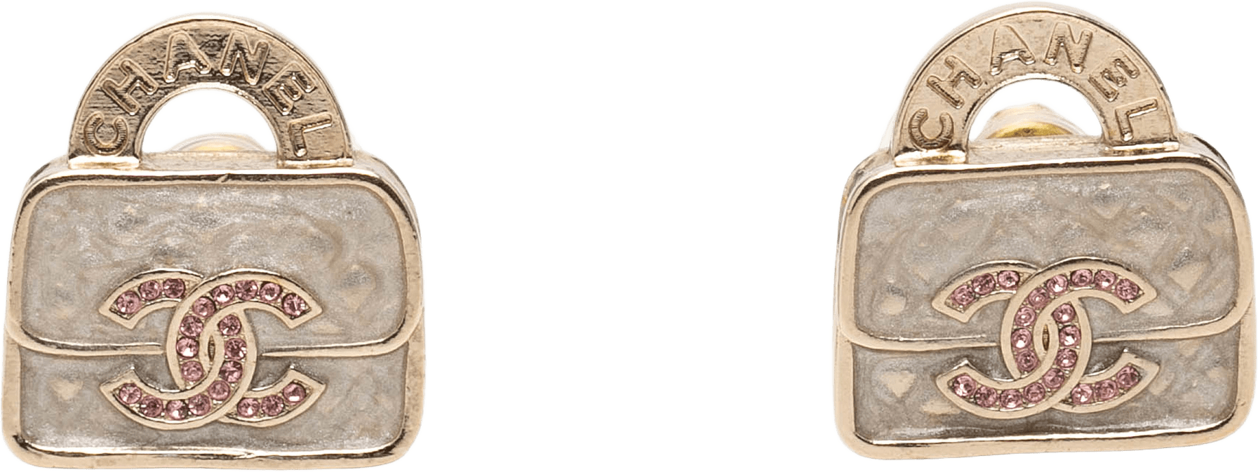Chanel Cc Brass Resin Strass Top Handle Bag Push Back Earrings, från Luxclusif, i färgen light gold.