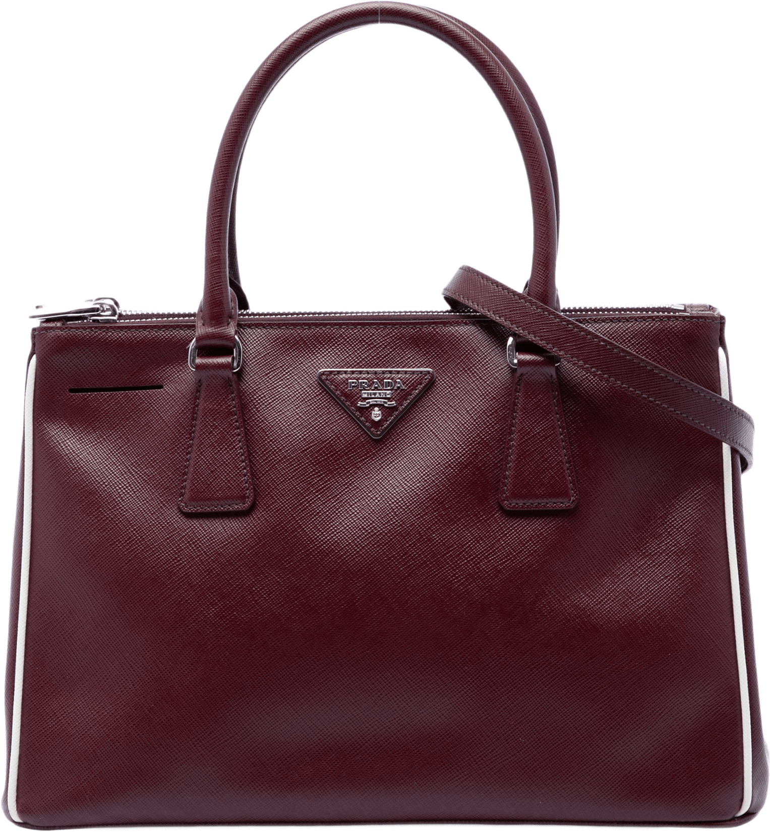 Prada Small Saffiano Lux Galleria Double Zip Satchel, från Luxclusif, i färgen röd.