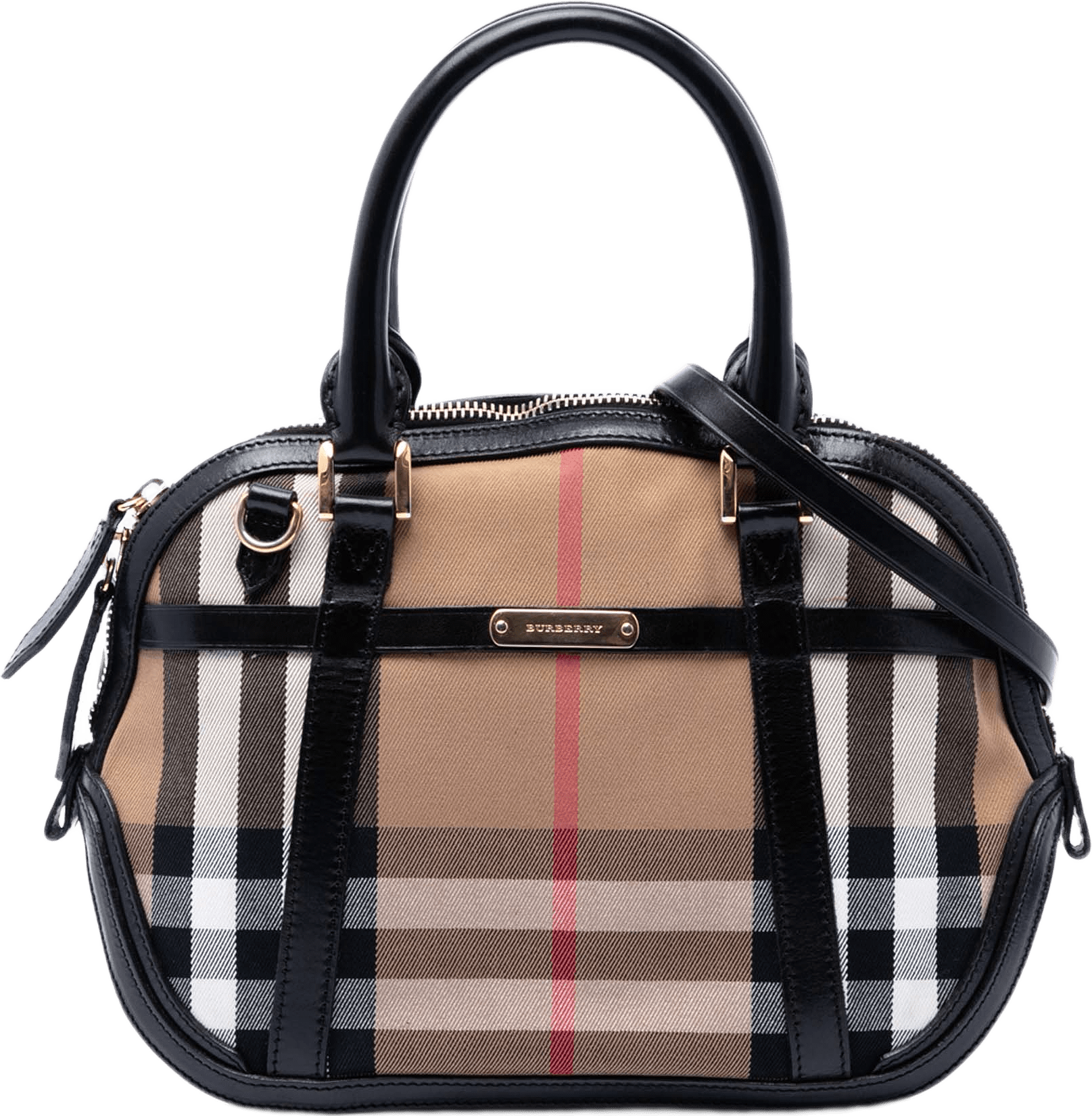 Burberry Small Leather Trimmed House Check Canvas Bridle Orchard Satchel, från Luxclusif, i färgen brun.