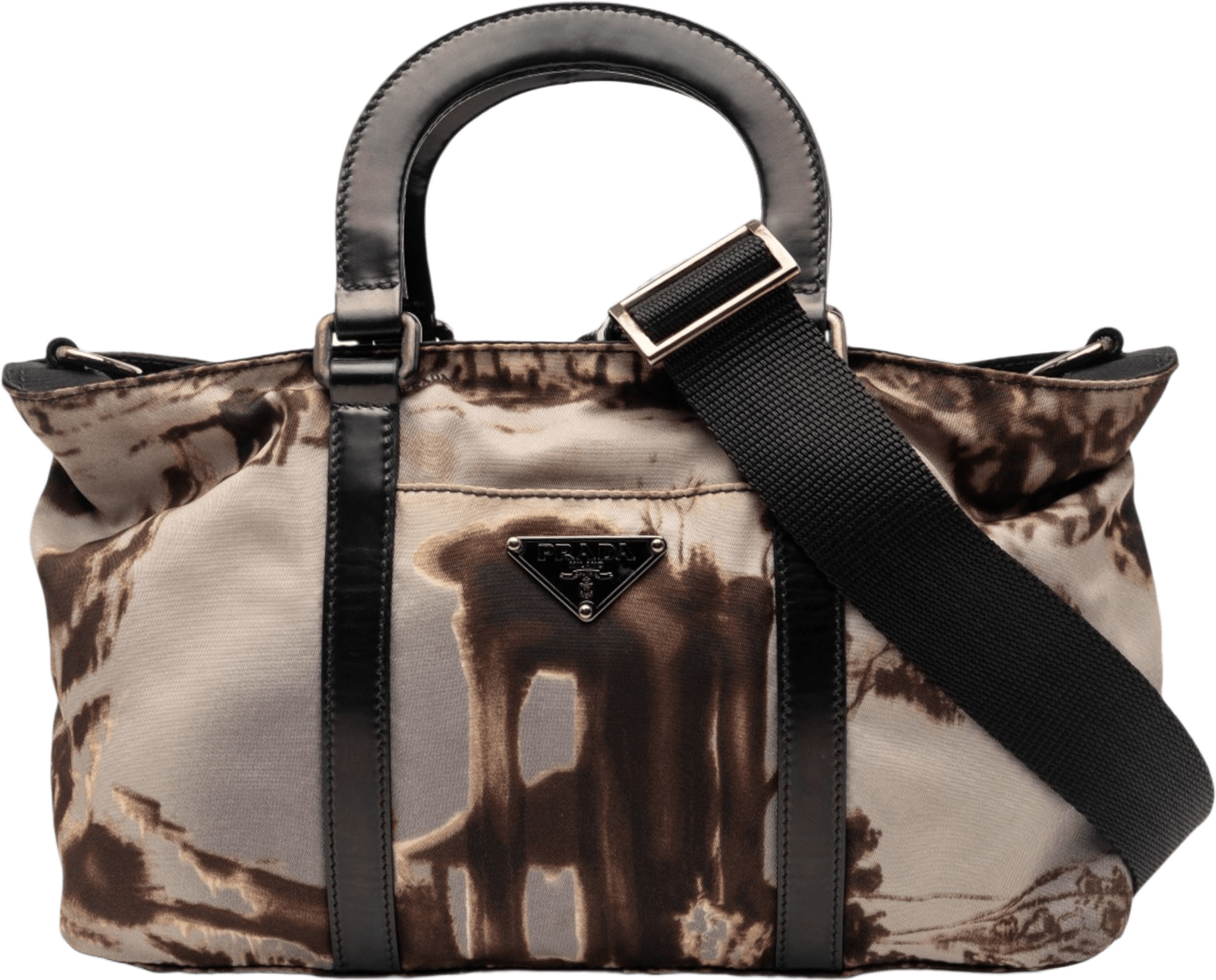Prada Tessuto Stampato Satchel, från Luxclusif, i färgen brown.