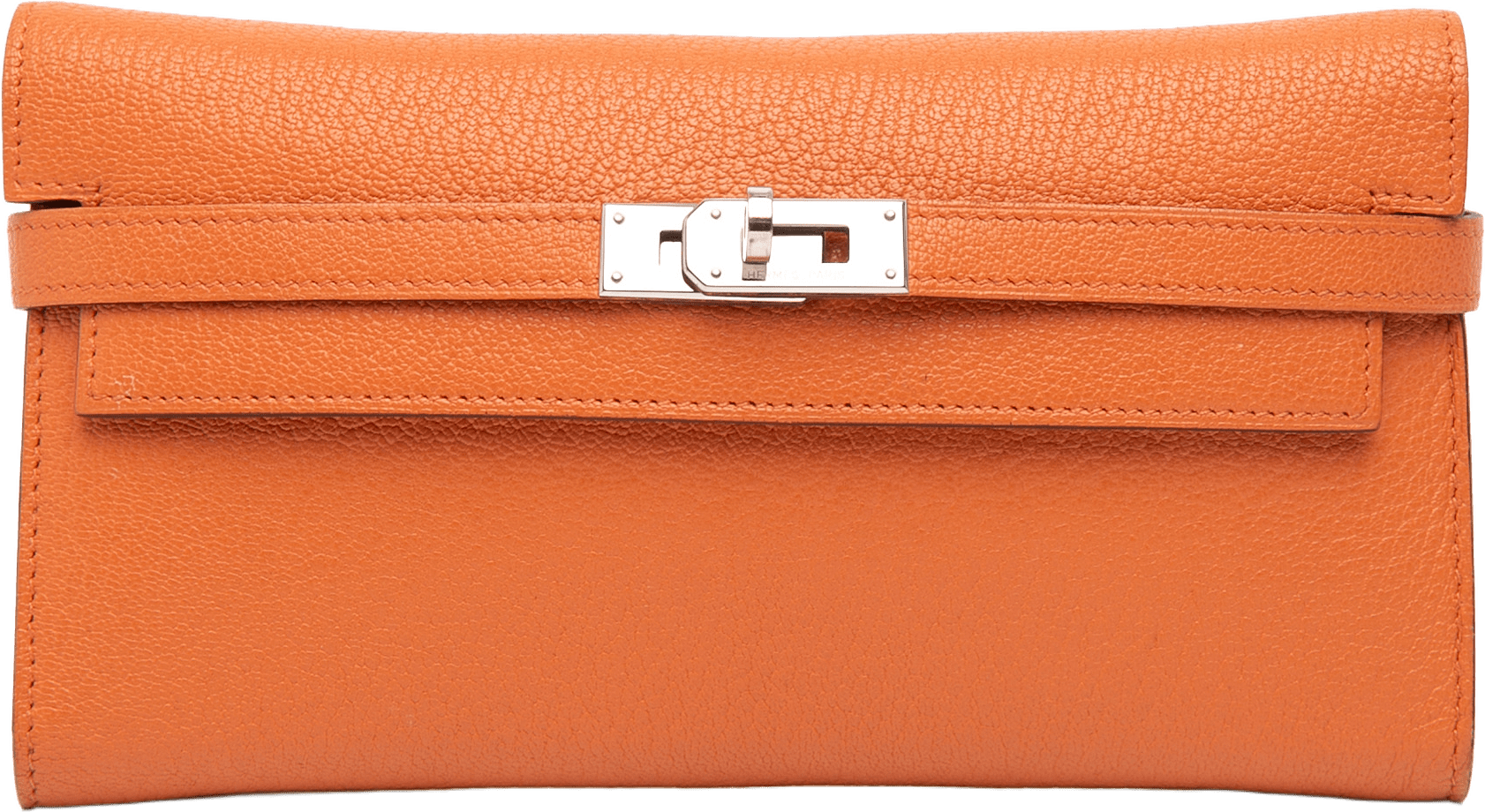 Hermès Chevre Mysore Kelly Longue Wallet, från Luxclusif, i färgen orange.