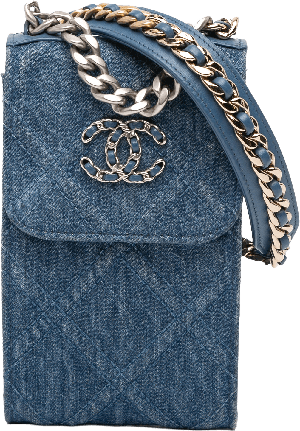 Chanel Denim 19 Phone Holder With Chain, från Luxclusif, i färgen blue.