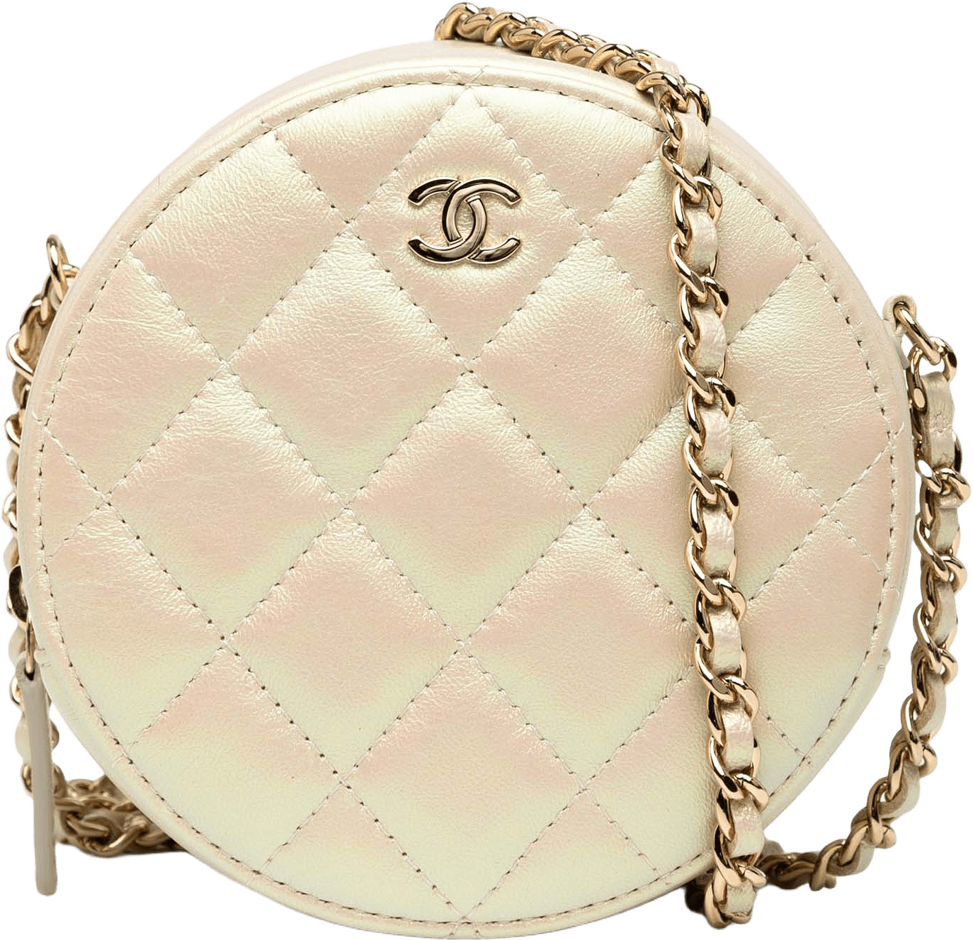 Chanel Iridescent Quilted Lambskin Round Clutch With Chain, från Luxclusif, i färgen ivory.