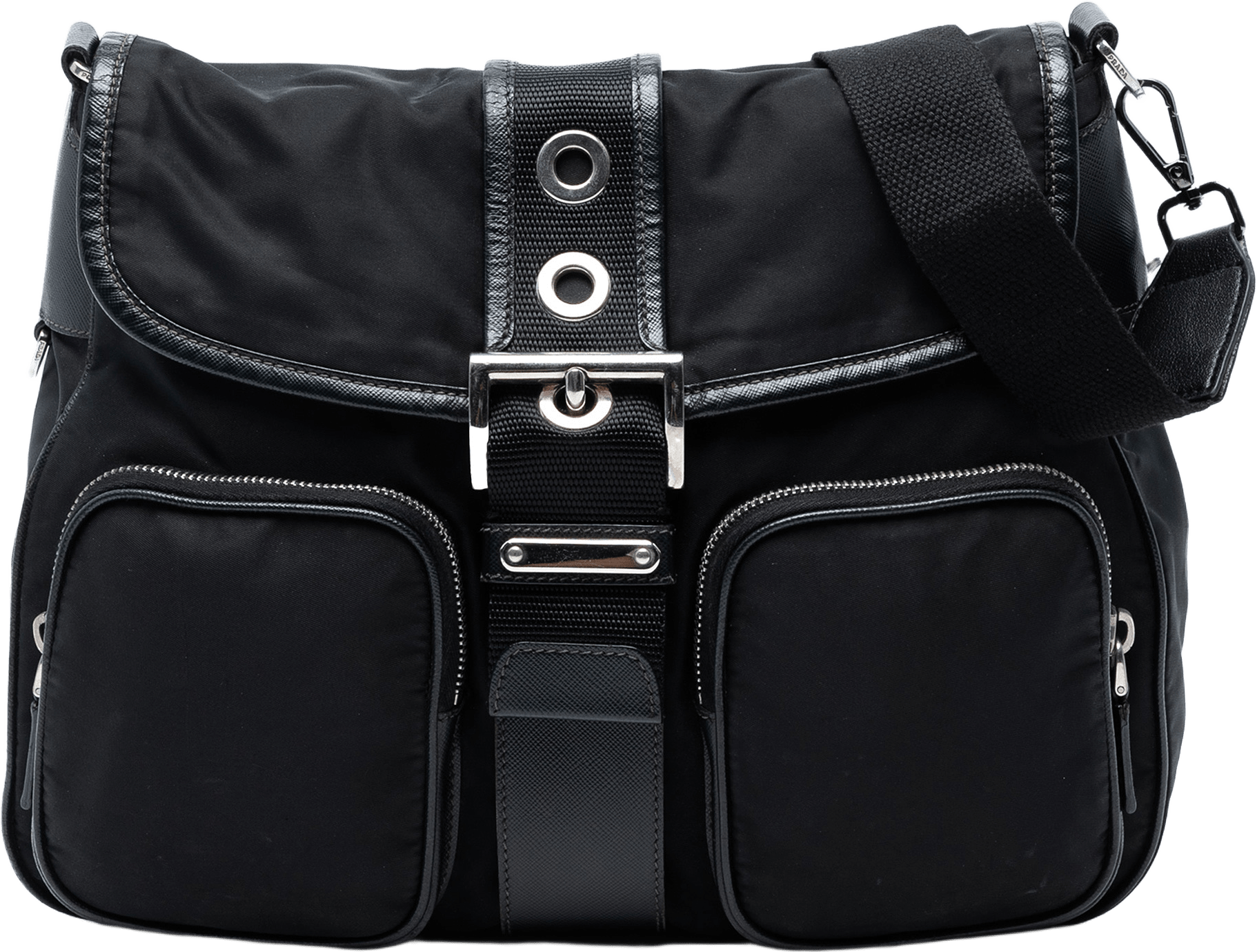 Prada Saffiano Trimmed Tessuto Buckle Messenger Bag, från Luxclusif, i färgen black.