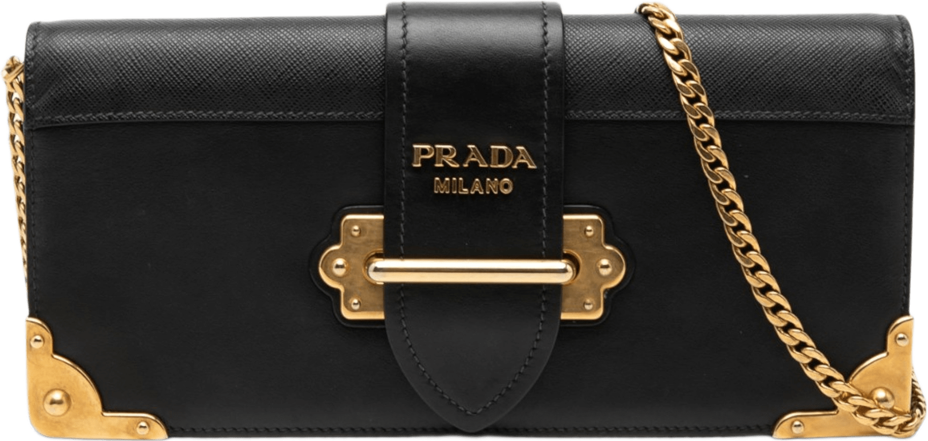 Prada City Calf And Saffiano Cahier Chain Clutch, från Luxclusif, i färgen svart.