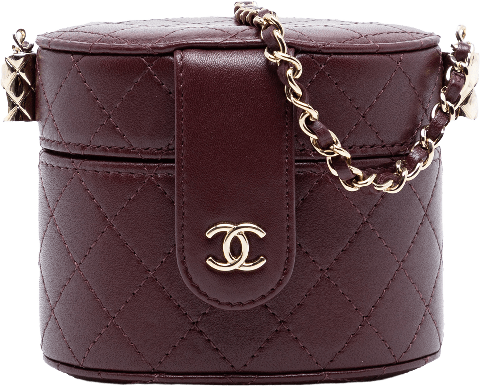 Chanel Cc Quilted Lambskin Round Vanity Case With Chain, från Luxclusif, i färgen burgundy.