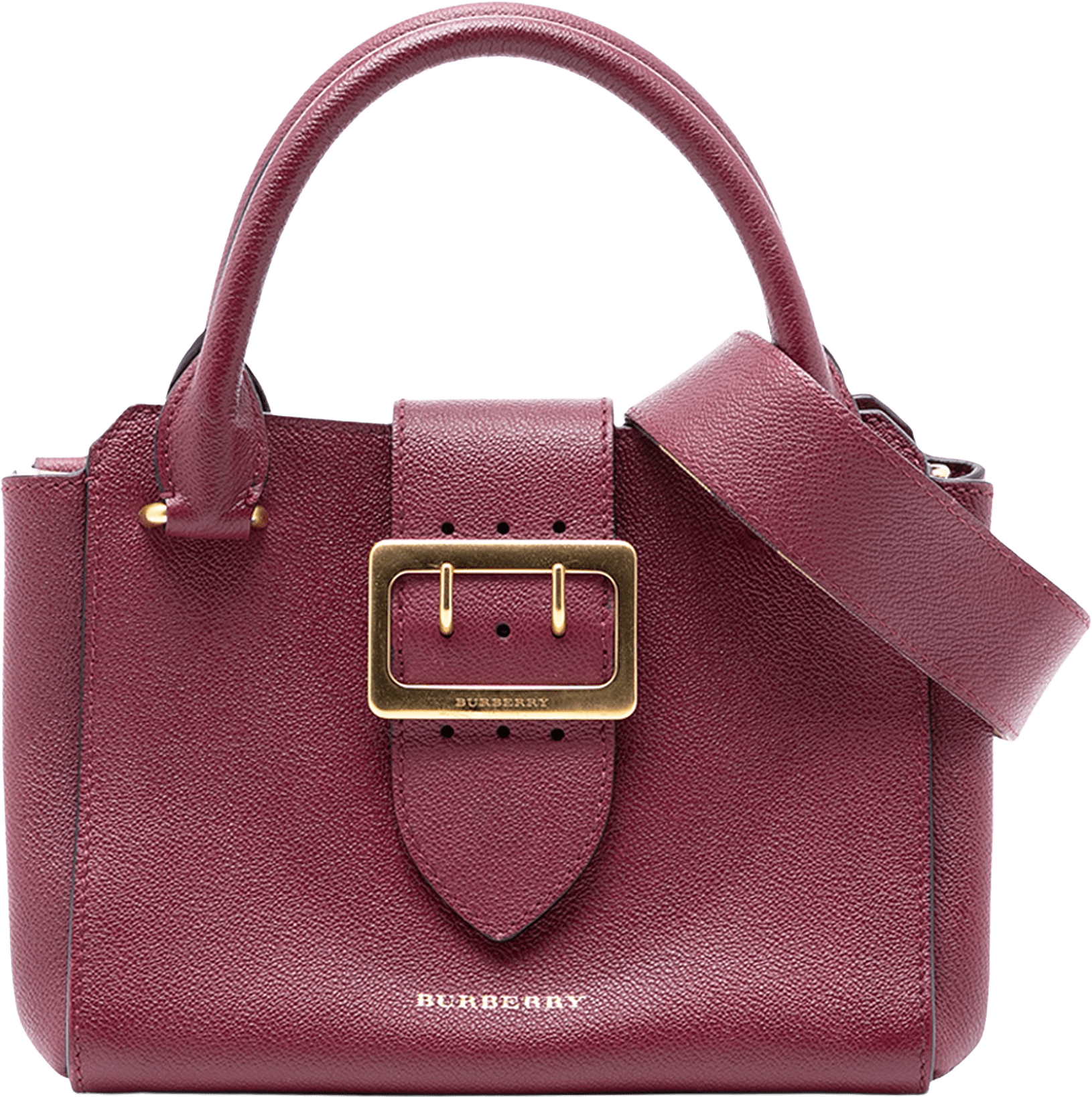 Burberry Small Grained Leather Buckle Tote, från Luxclusif, i färgen red.