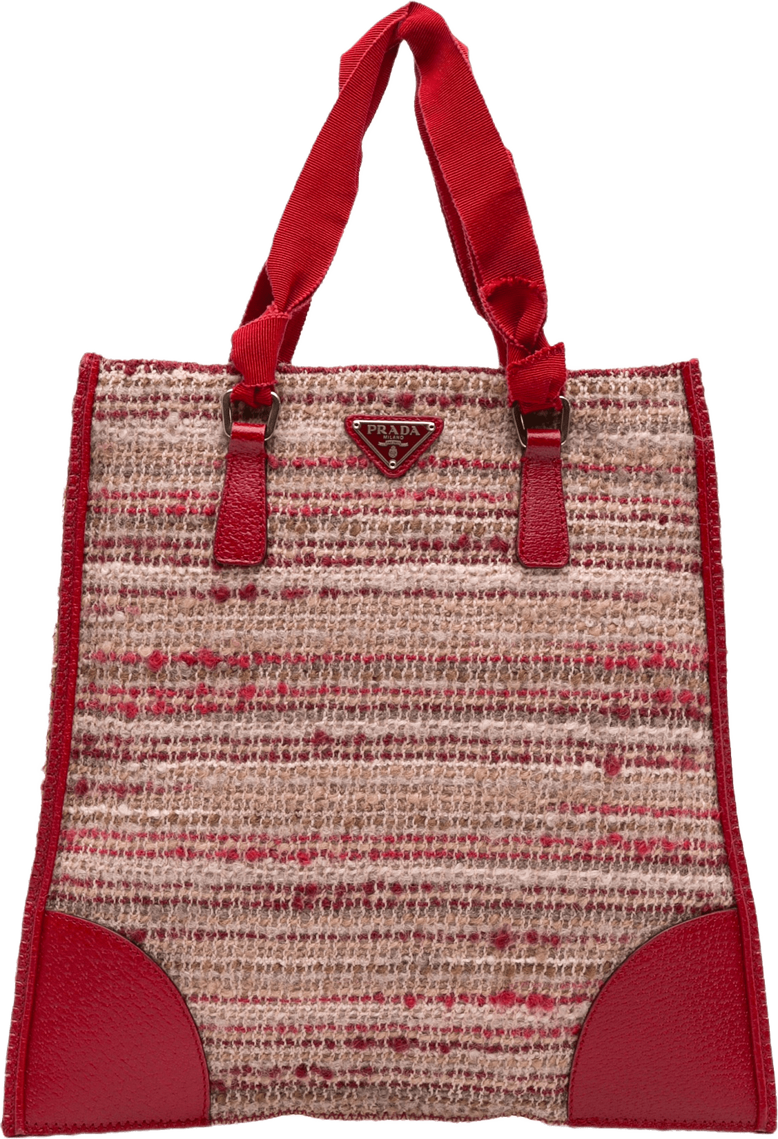 Prada Vitello Trimmed Tweed Flat Tote, från Luxclusif, i färgen red.