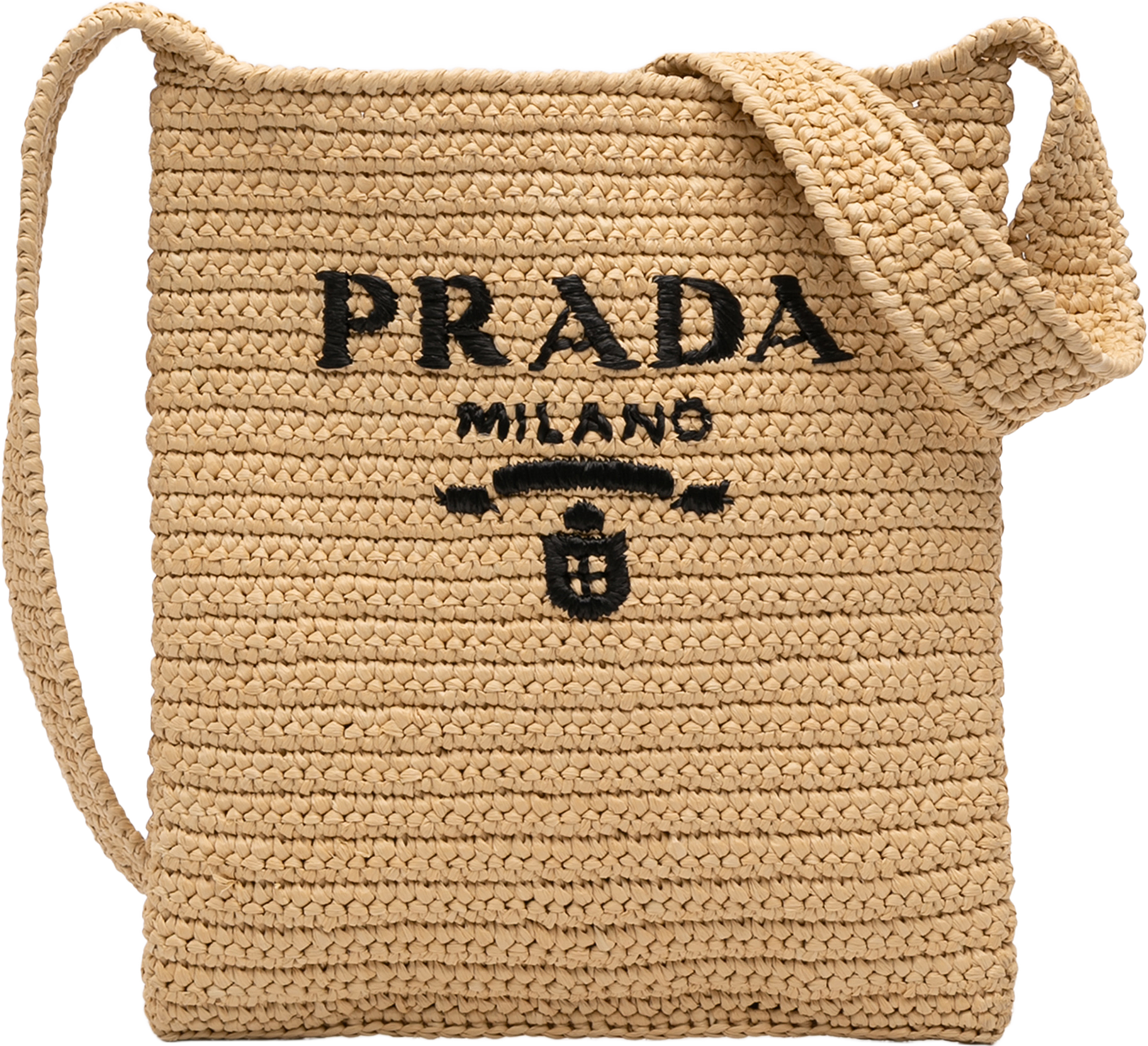 Prada Raffia Effect Crochet Logo Embroidered Crossbody, från Luxclusif, i färgen beige.