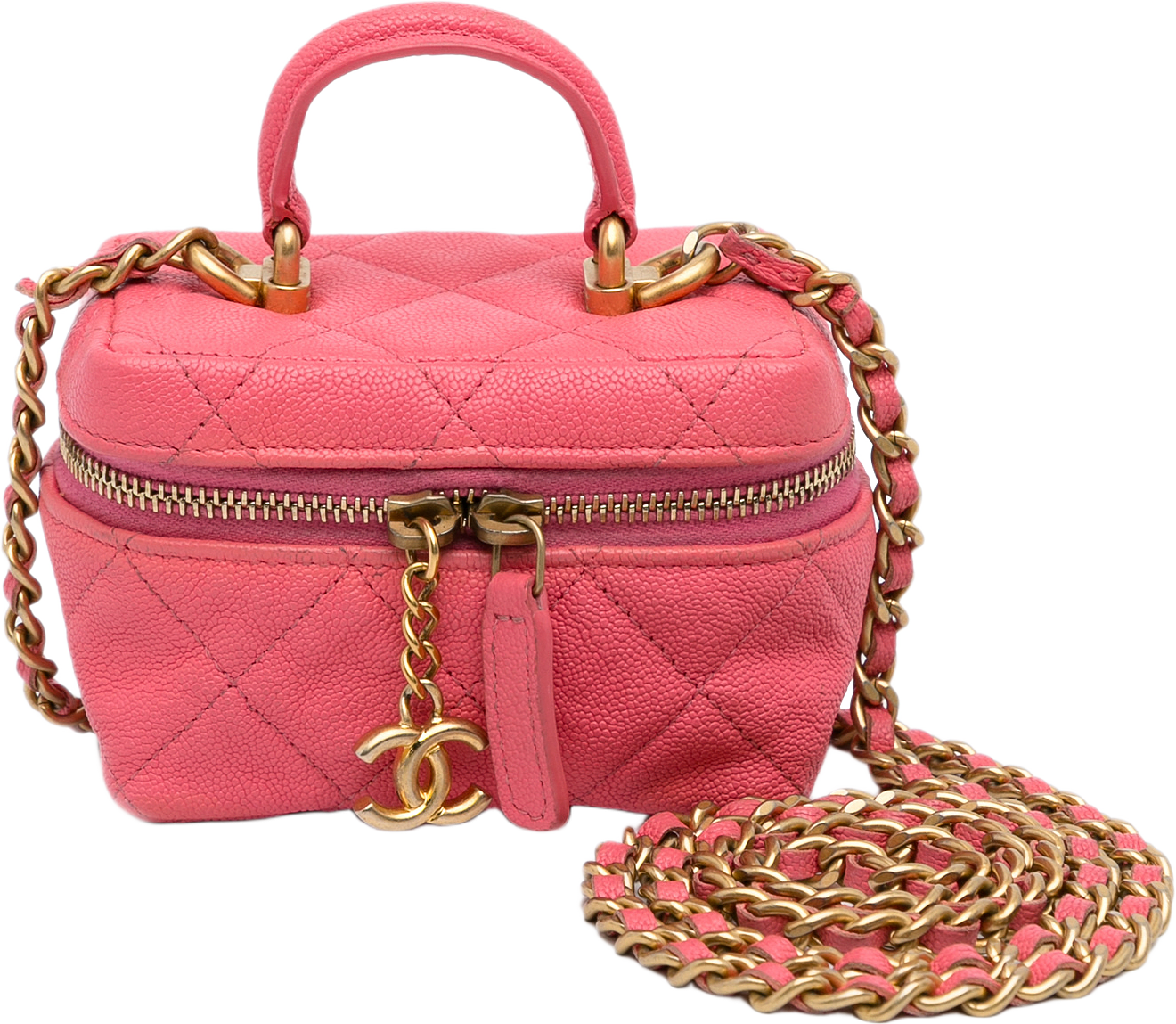 Chanel Micro Caviar Chain Vanity Bag, från Luxclusif, i färgen pink.