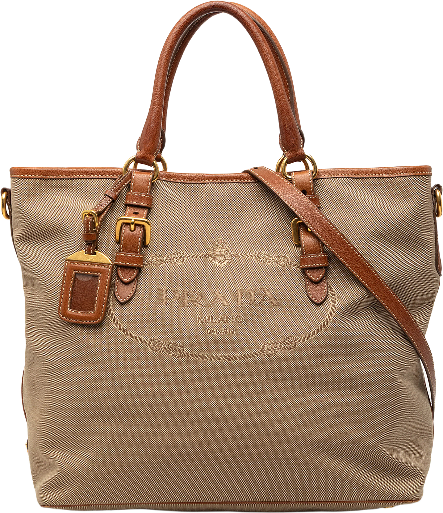 Prada Canvas Canapa Logo Convertible Tote, från Luxclusif, i färgen light brown.